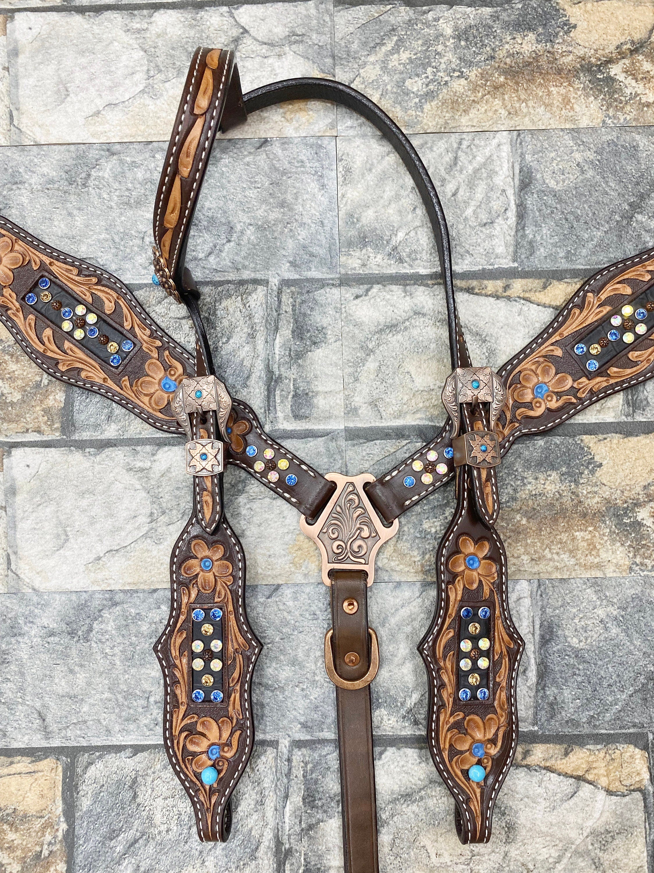 MOUSM Western Headstall & Breast Collar Set – Made with Argentina Cow Leather, Headstall for Horses Decorated with Flower Carving & Blue-White Rhinestones, Antique Copper Hardware