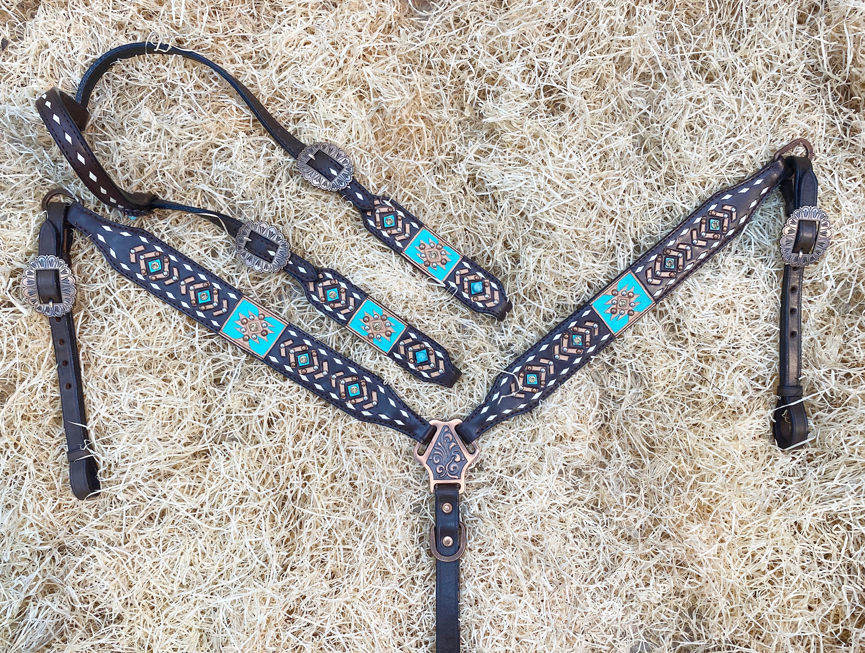 MOUSM Argentina Cow Leather Headstall & Breast Collar Set – Western Bridle Decorated with Aztec Tooling, White Buck Stitching