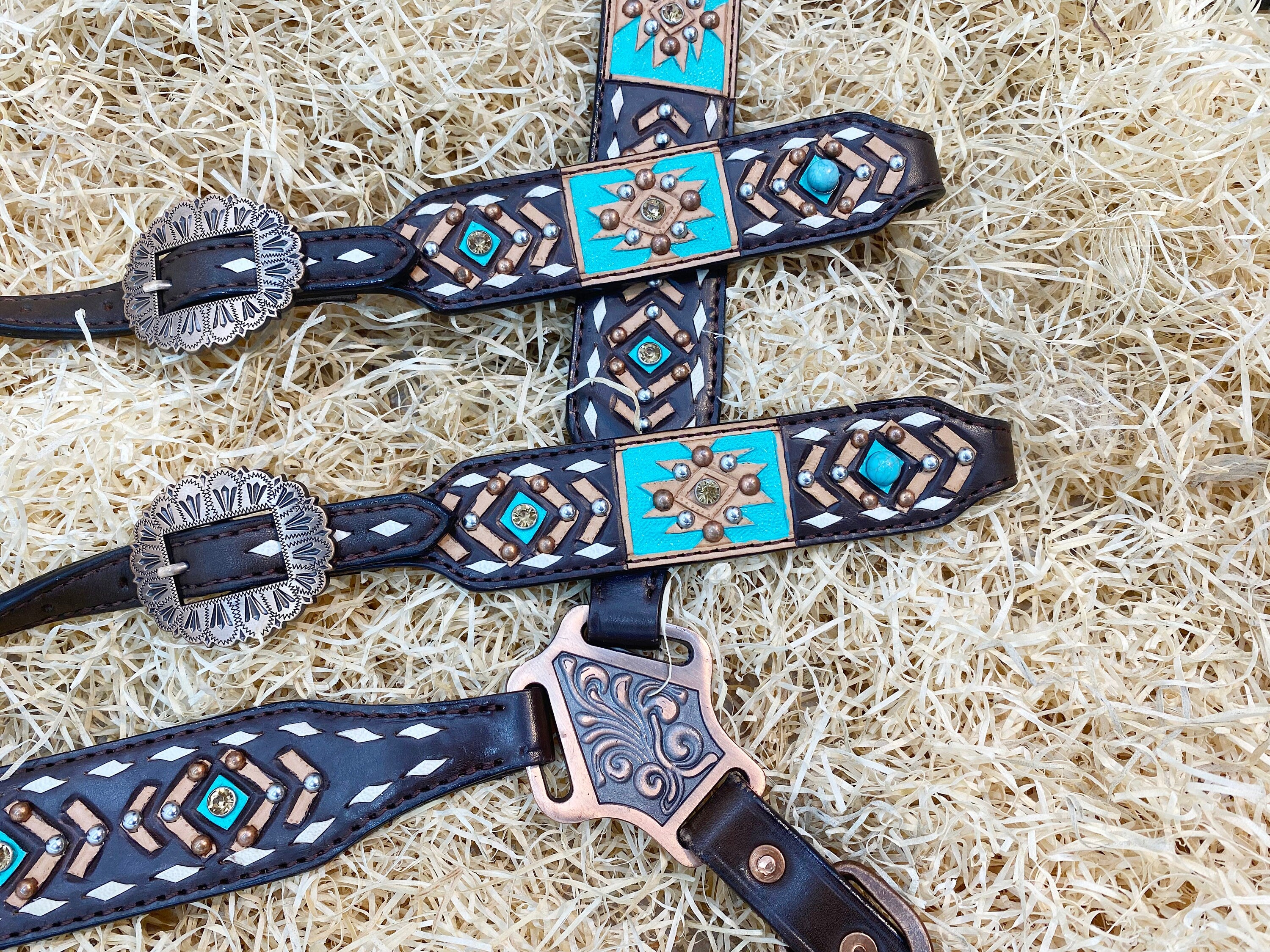 MOUSM Argentina Cow Leather Headstall & Breast Collar Set – Western Bridle Decorated with Aztec Tooling, White Buck Stitching
