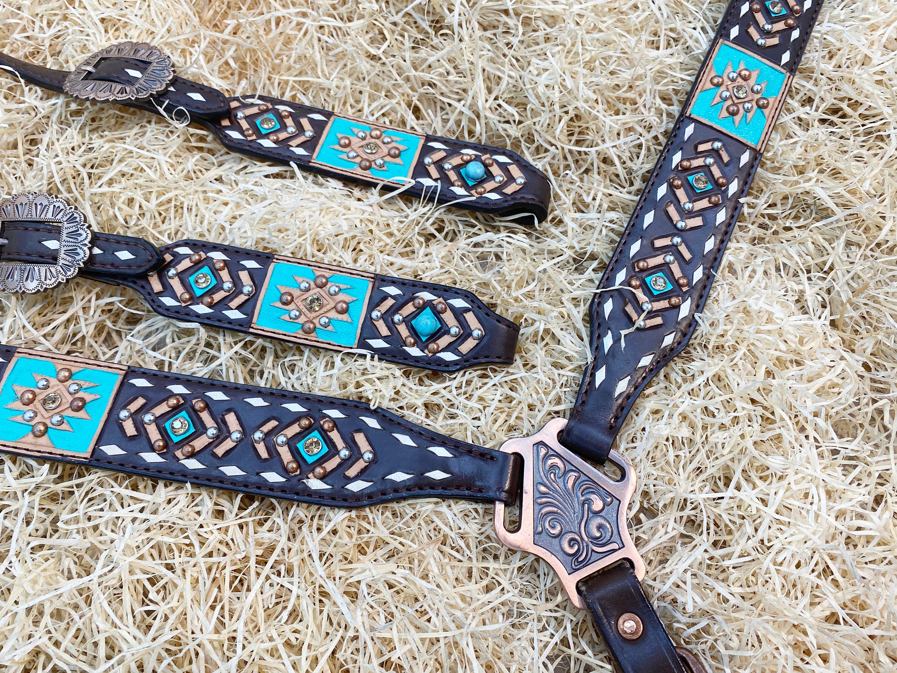 MOUSM Argentina Cow Leather Headstall & Breast Collar Set – Western Bridle Decorated with Aztec Tooling, White Buck Stitching