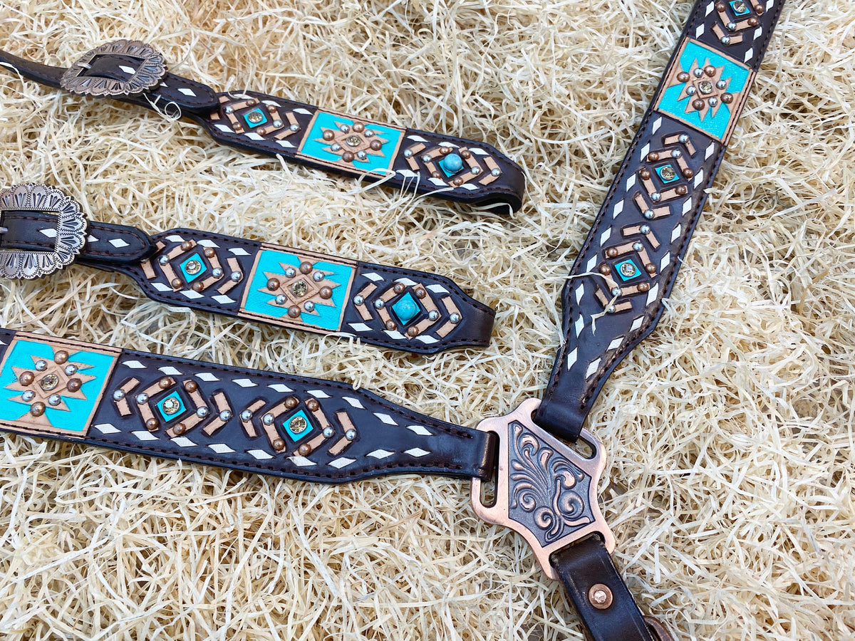 Aztec Tooling & White Rawhide Stitching Headstall Tack Set