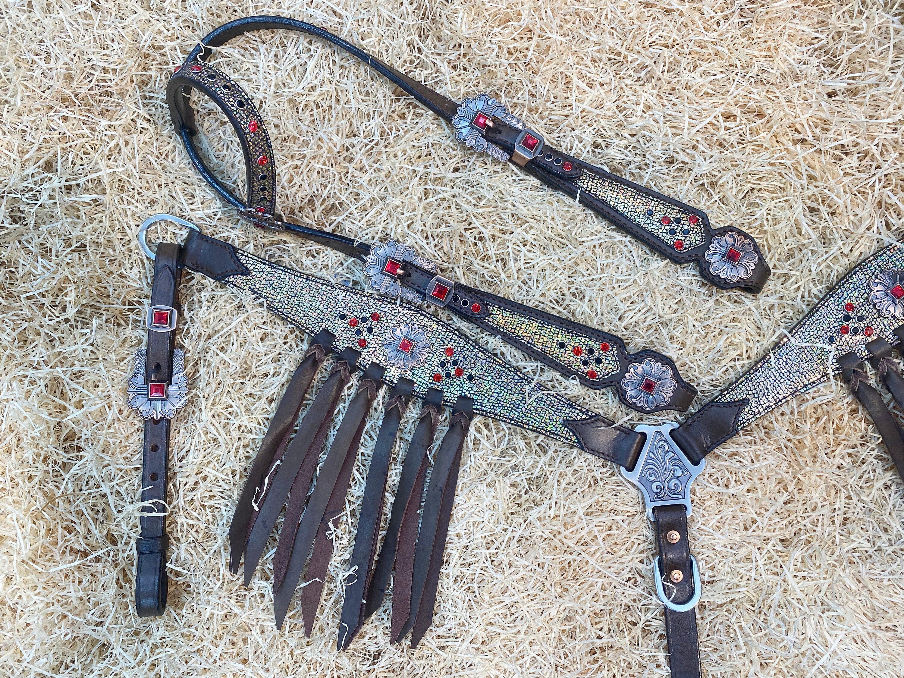 MOUSM Argentina Cow Leather Headstall & Breast Collar Set – Western Horse Tack Set Decorated with Holographic Cracker Print, Red & Black Stones, and Brown Leather Fringe