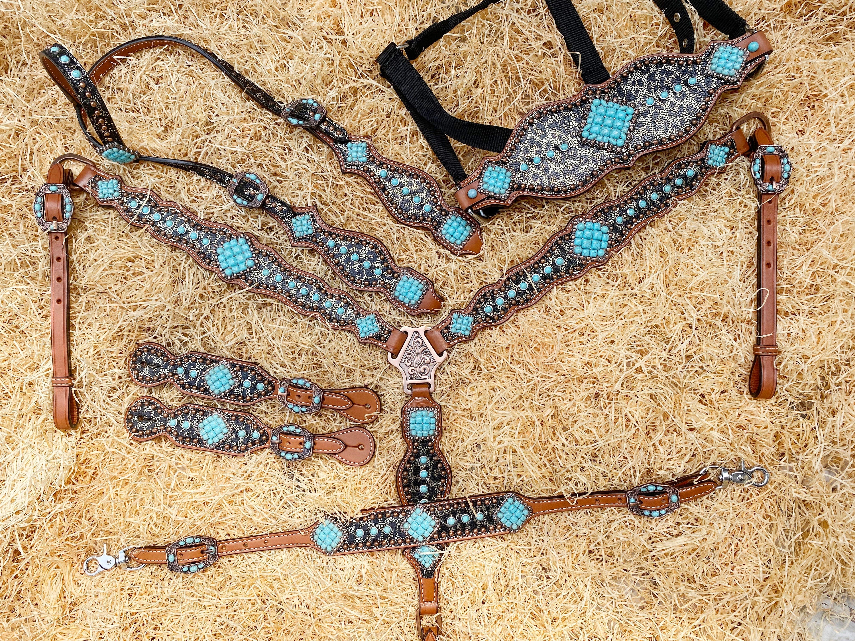 MOUSM Western Headstall & Breast Collar Set – Made with Argentina Cow Leather, Western Horse Tack Decorated with Leopard Print and Turquoise Stone Overlay, Antique Copper Hardware