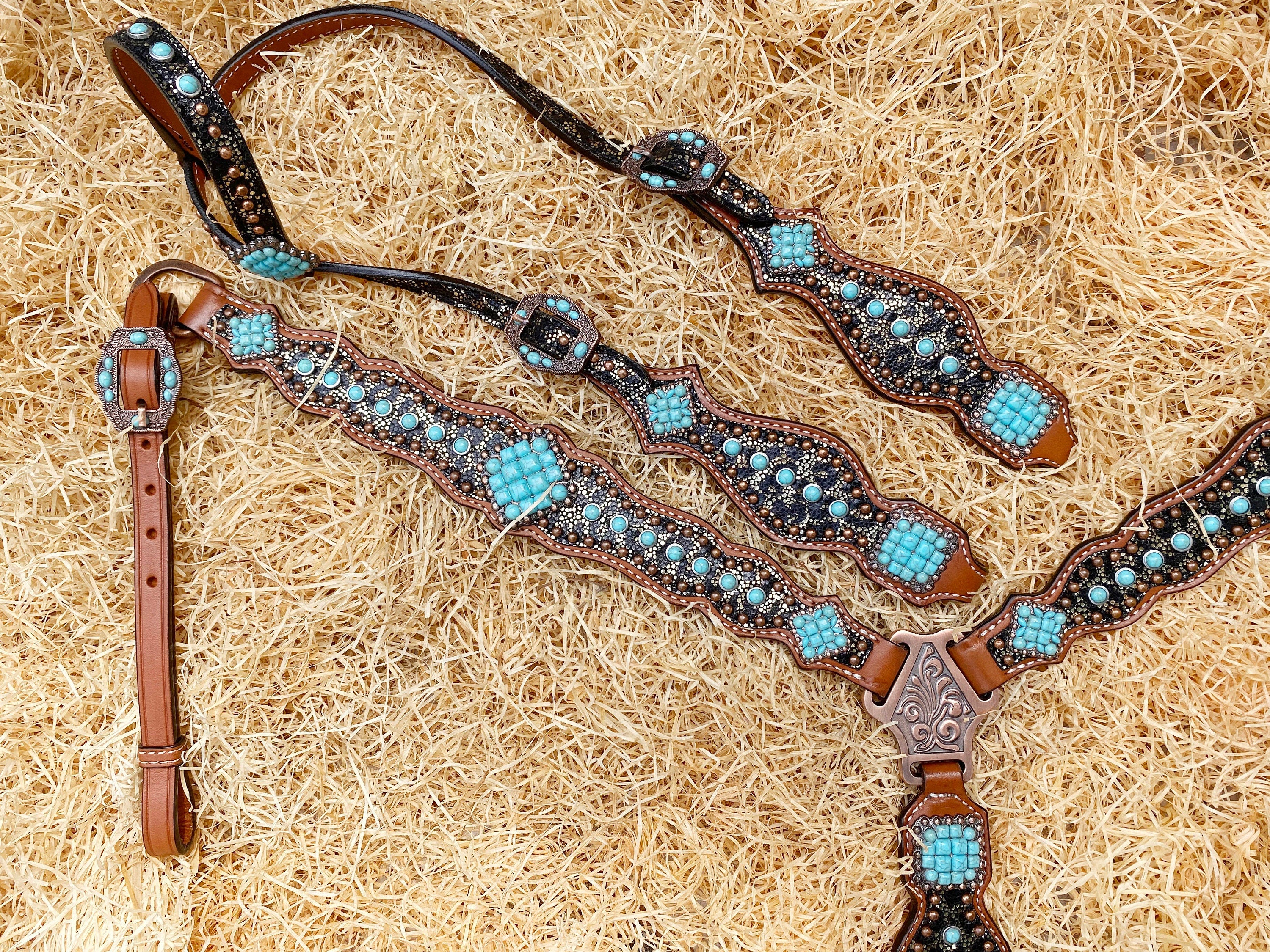 MOUSM Western Headstall & Breast Collar Set – Made with Argentina Cow Leather, Western Horse Tack Decorated with Leopard Print and Turquoise Stone Overlay, Antique Copper Hardware