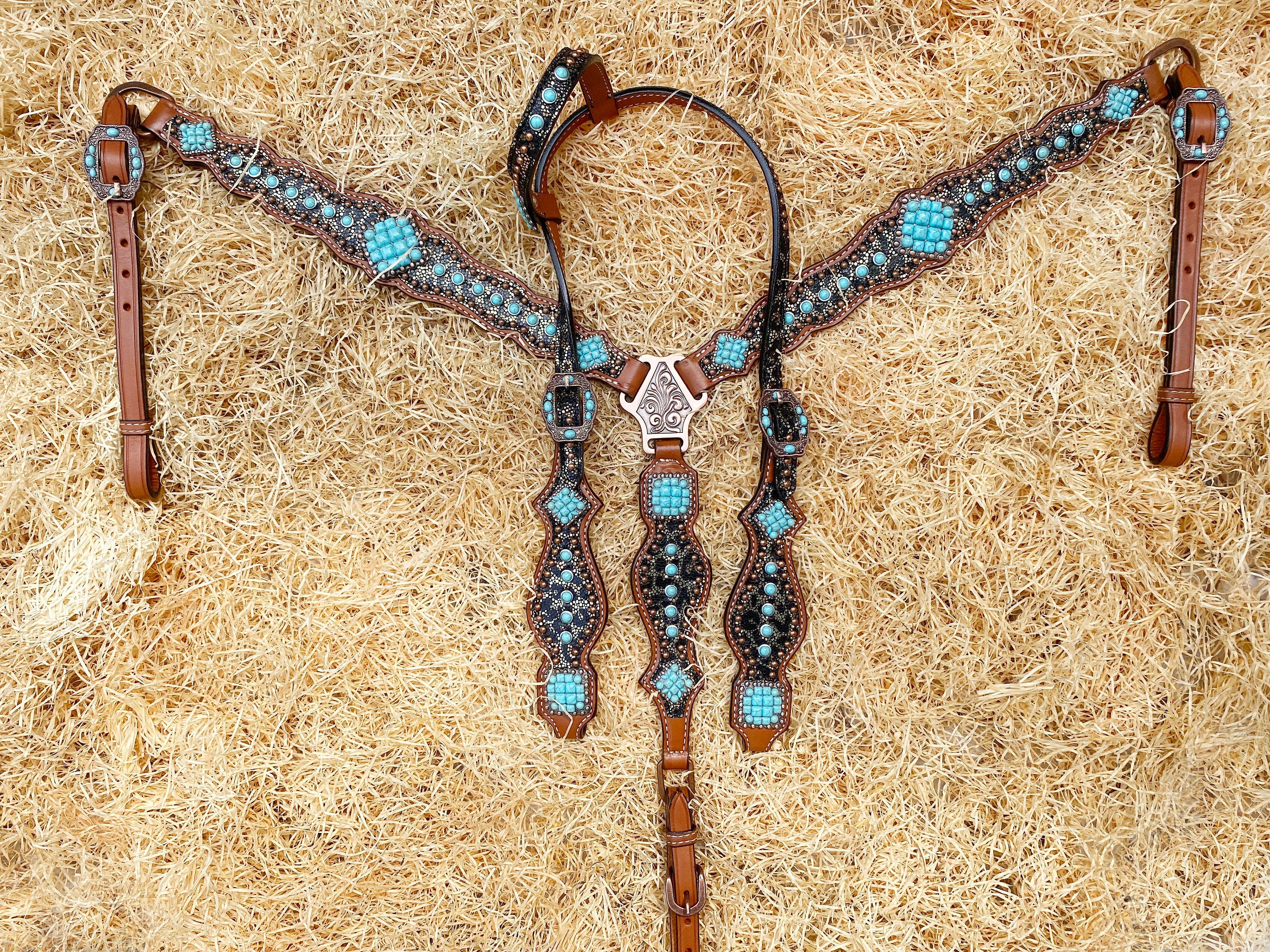 MOUSM Western Headstall & Breast Collar Set – Made with Argentina Cow Leather, Western Horse Tack Decorated with Leopard Print and Turquoise Stone Overlay, Antique Copper Hardware