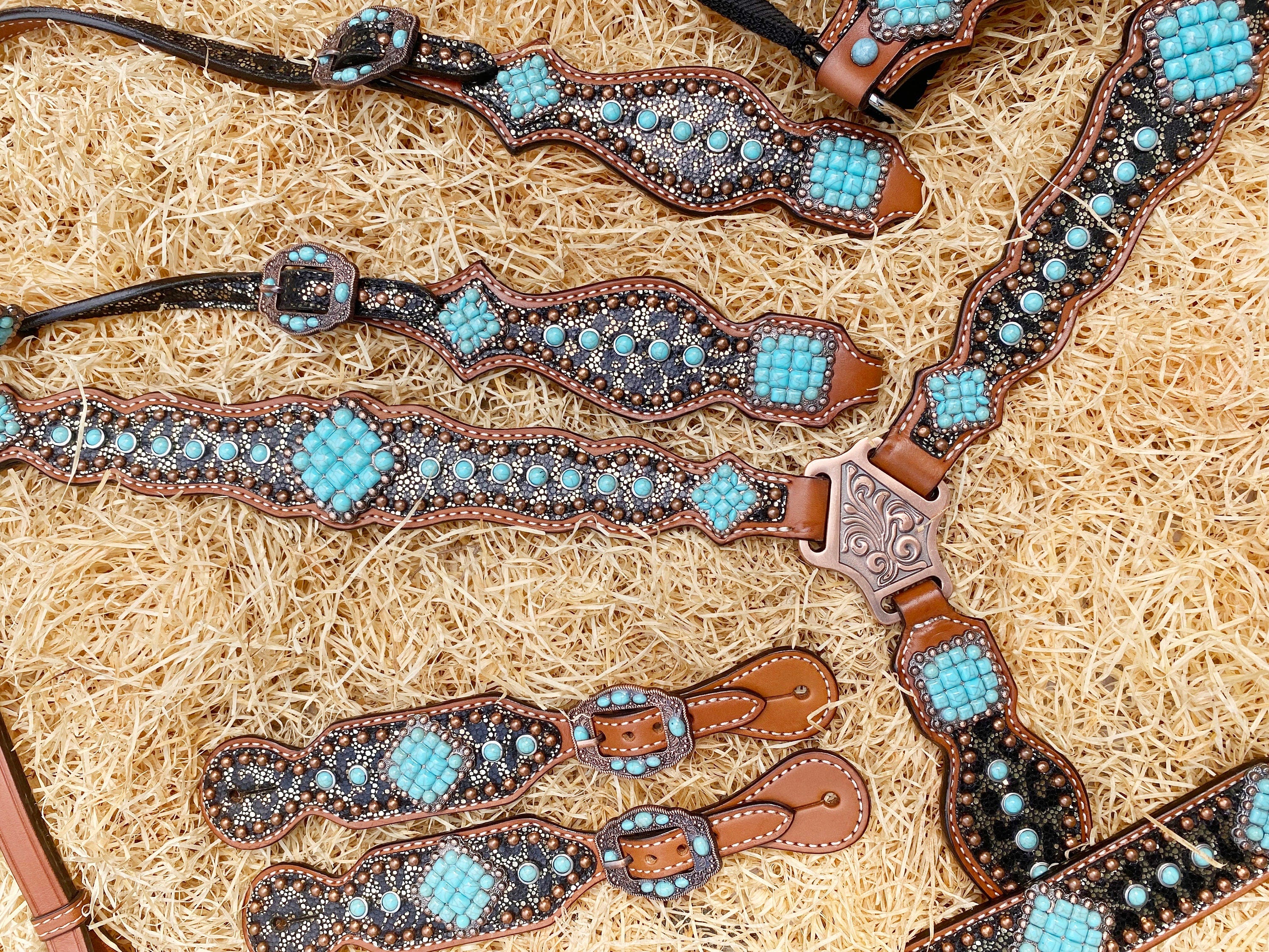 MOUSM Western Headstall & Breast Collar Set – Made with Argentina Cow Leather, Western Horse Tack Decorated with Leopard Print and Turquoise Stone Overlay, Antique Copper Hardware