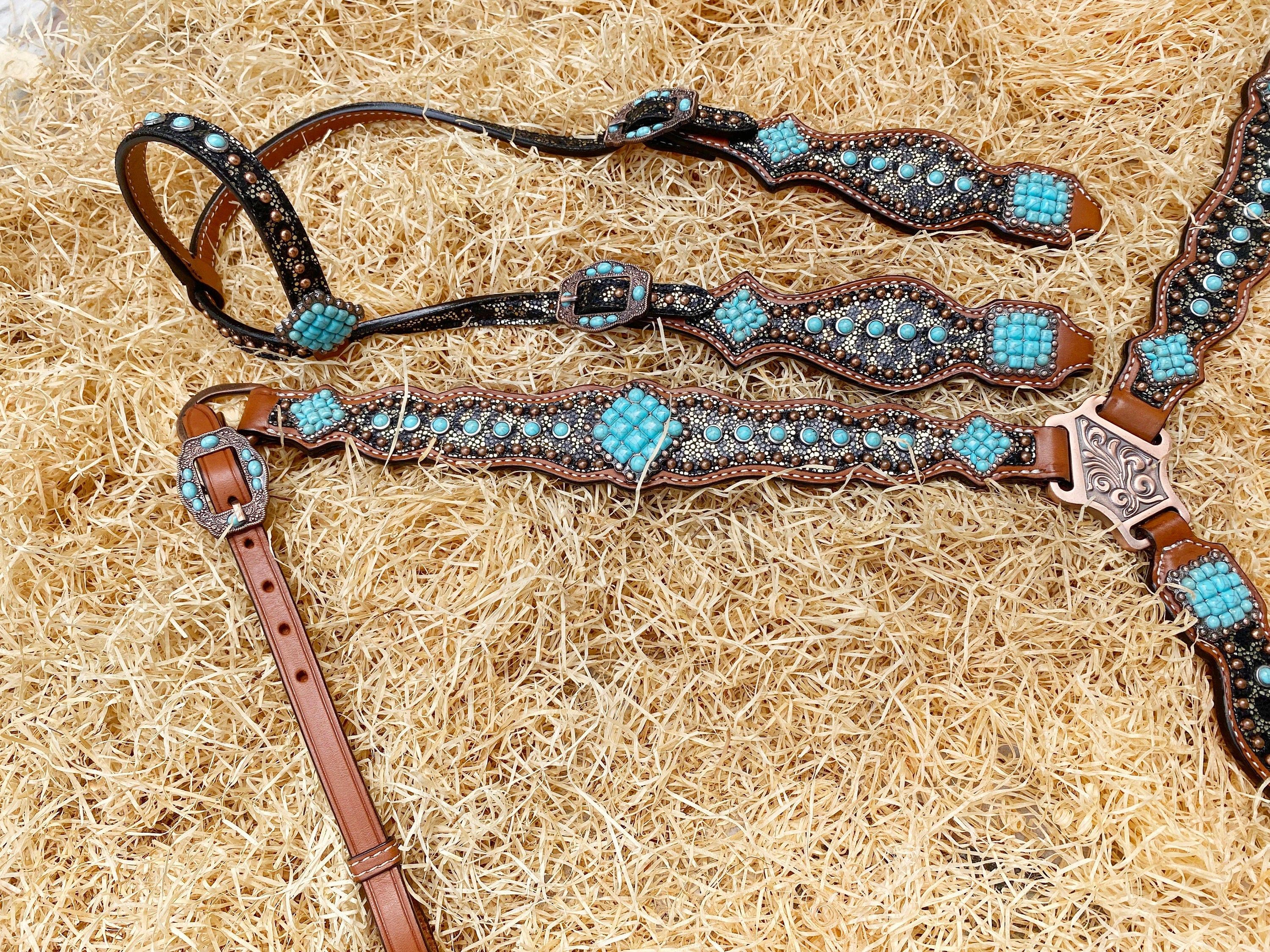 MOUSM Western Headstall & Breast Collar Set – Made with Argentina Cow Leather, Western Horse Tack Decorated with Leopard Print and Turquoise Stone Overlay, Antique Copper Hardware