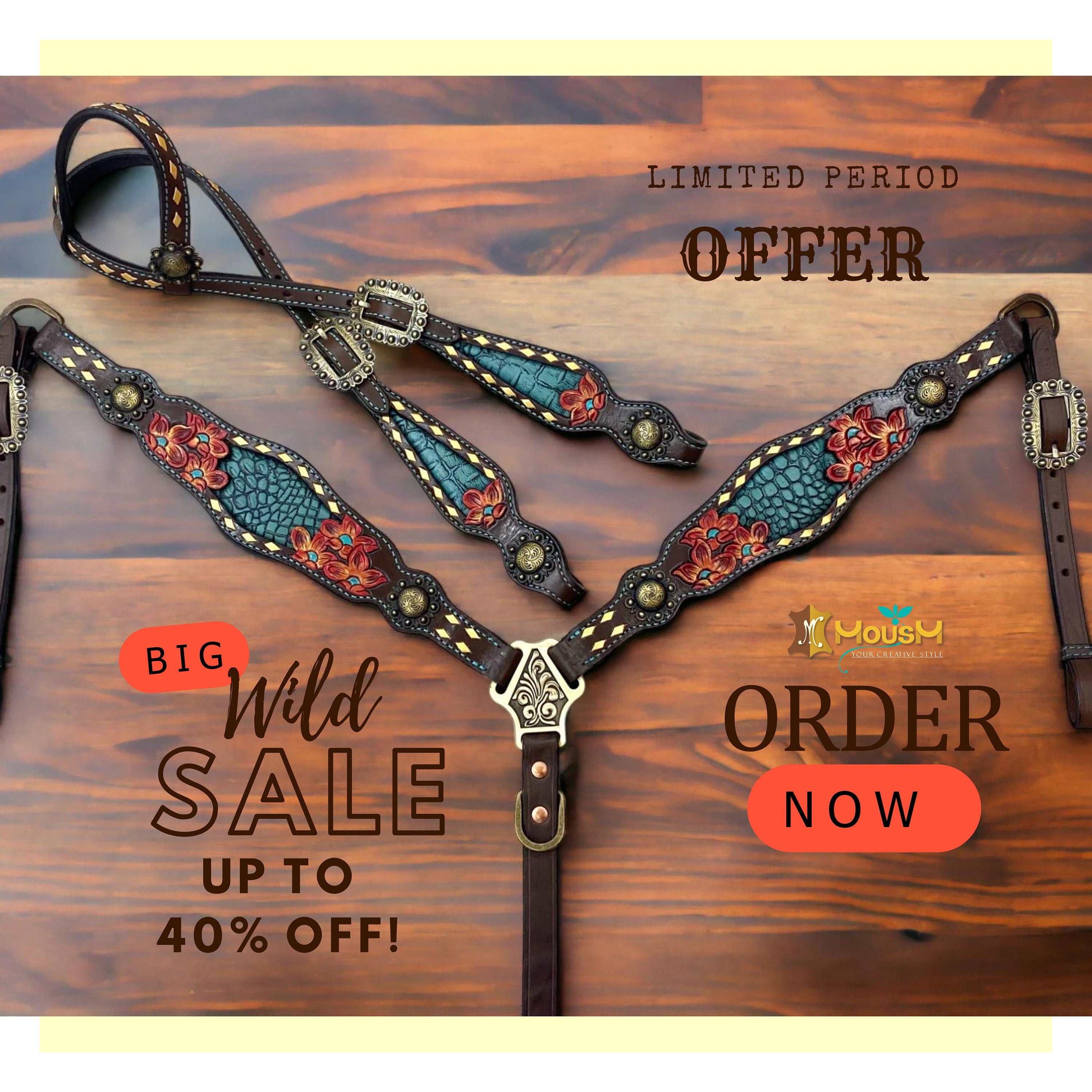 MOUSM Western Horse Tack Set - Made with Argentina Cow leather, Headstall & Breast Collar Set Decorated with Hand-Carved & Painted Floral Design, Buckles with Turquoise Stones, and Turquoise Leather Inlay