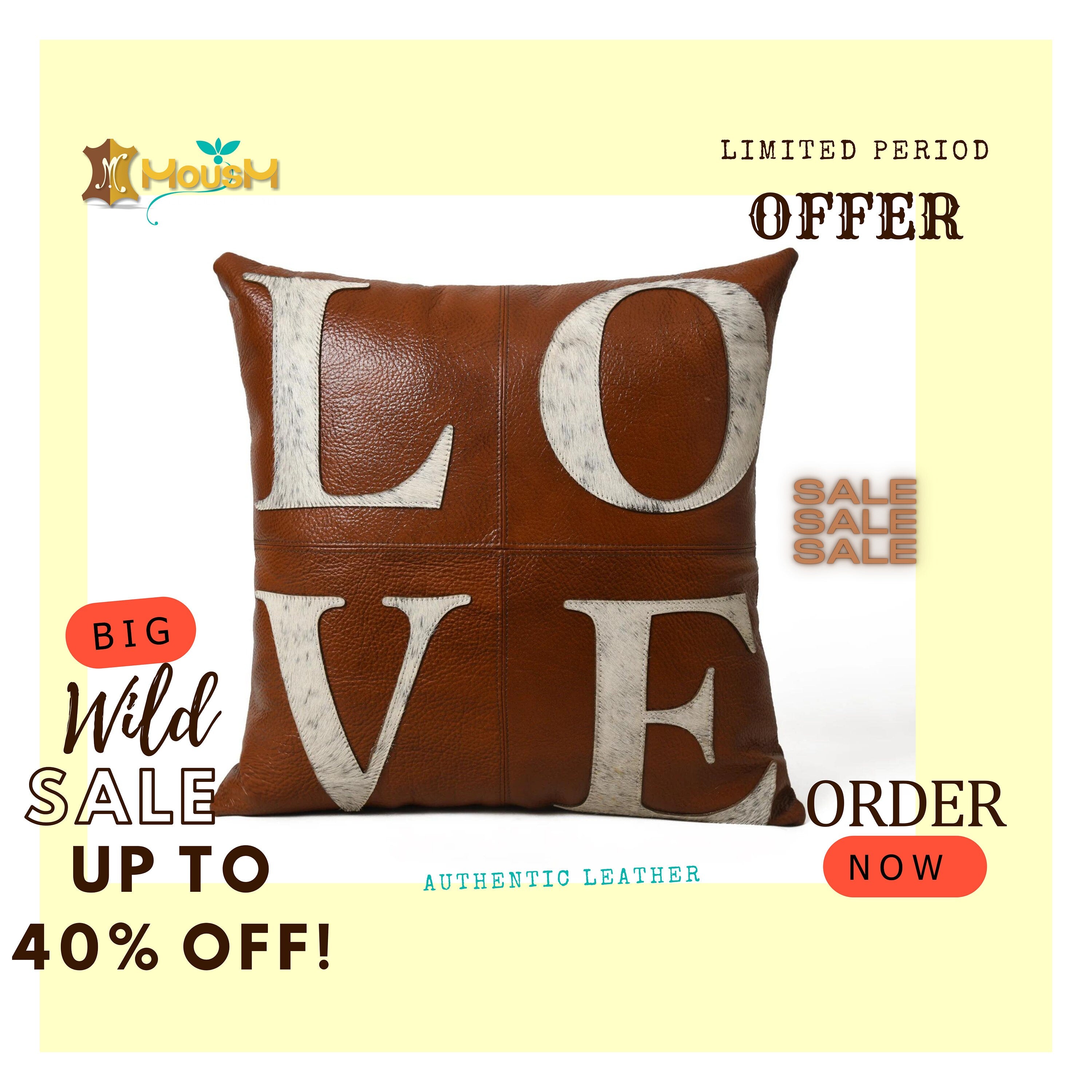 MOUSM Real Cowhide Leather Cushion Cover – 18x18 Inches Tan Leather Pillow Cover with Hair On LOVE Patch Design – Designer Throw Pillow Case for Sofa, Couch, Living Room & Bedroom