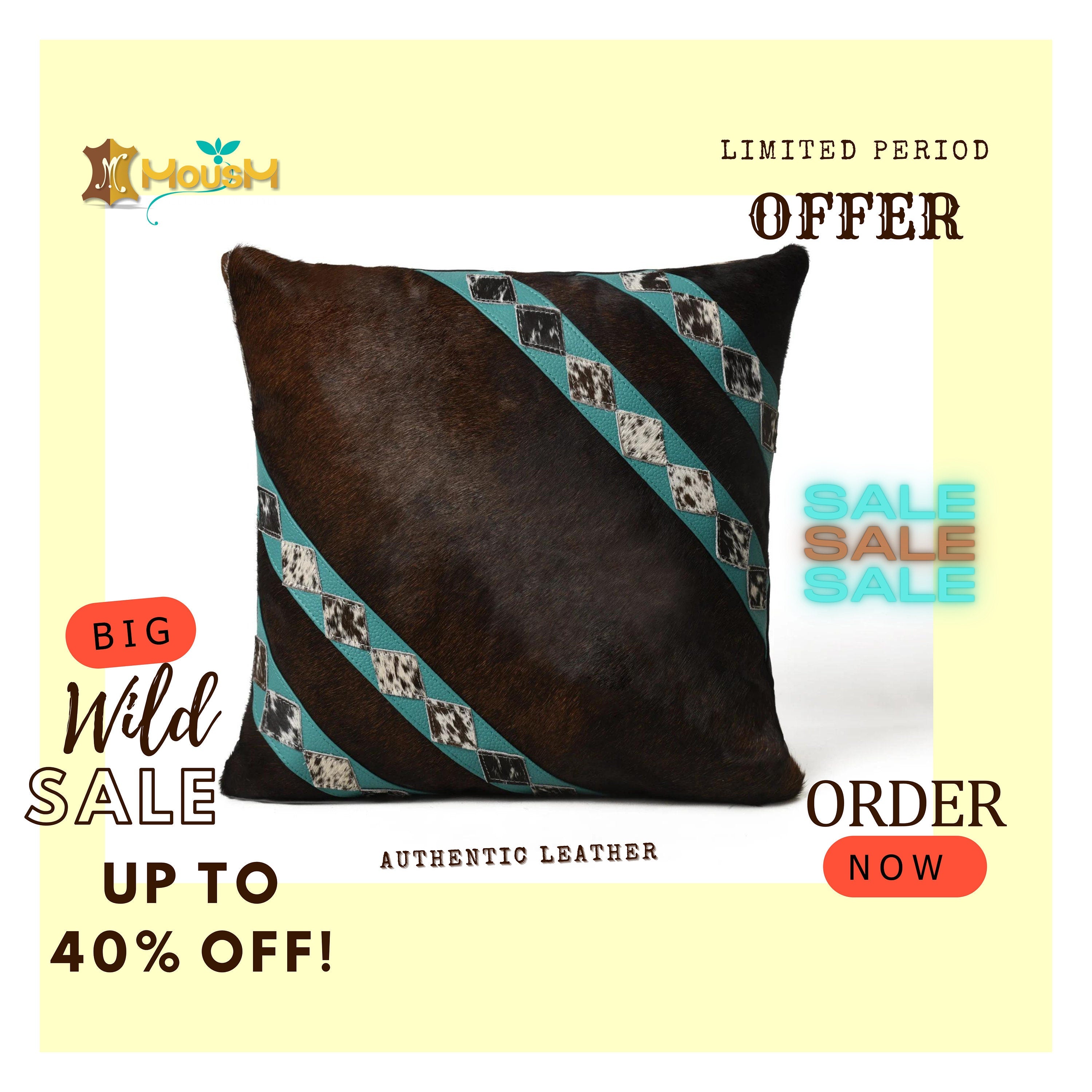 MOUSM Real Cowhide Leather Cushion Cover – 18x18 Inches Hair-On Brown Leather Pillow Cover with Turquoise Corner Stripes Patch and Natural Cowhide Stitched Over the Strips – Designer Throw Pillow Case for Sofa, Couch, Living Room & Bedroom