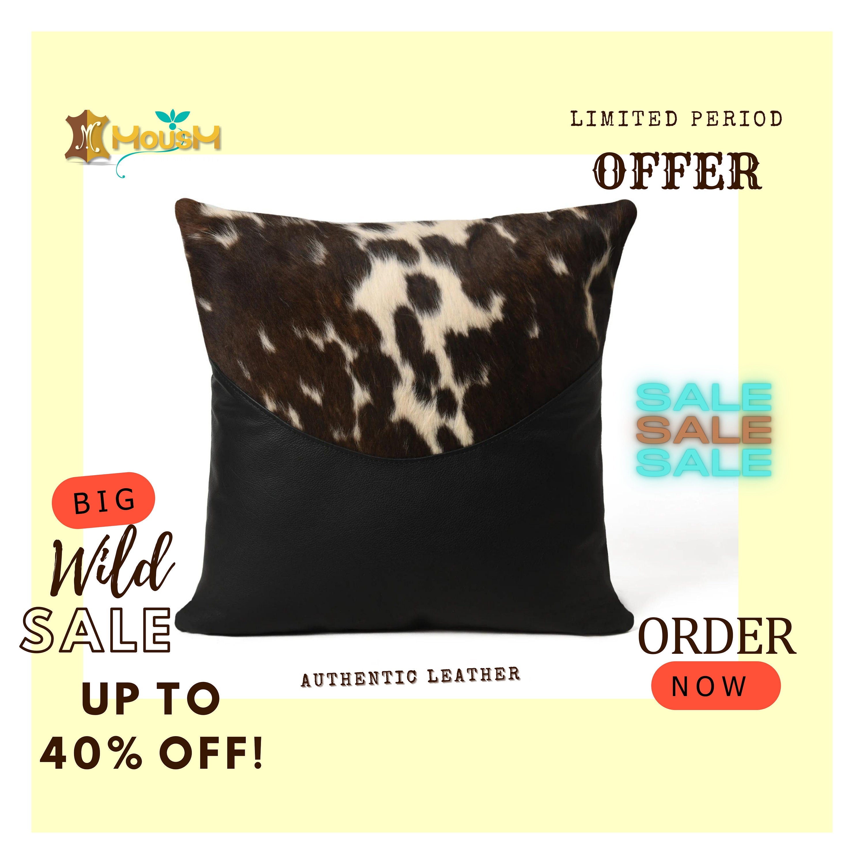 MOUSM Real Cowhide Leather Cushion Cover – 18x18 Inches Pillow Cover with Half Brown & White Spotted Cow Hair On and Smooth Black Leather Base – Designer Throw Pillow Case for Sofa, Couch, Living Room & Bedroom