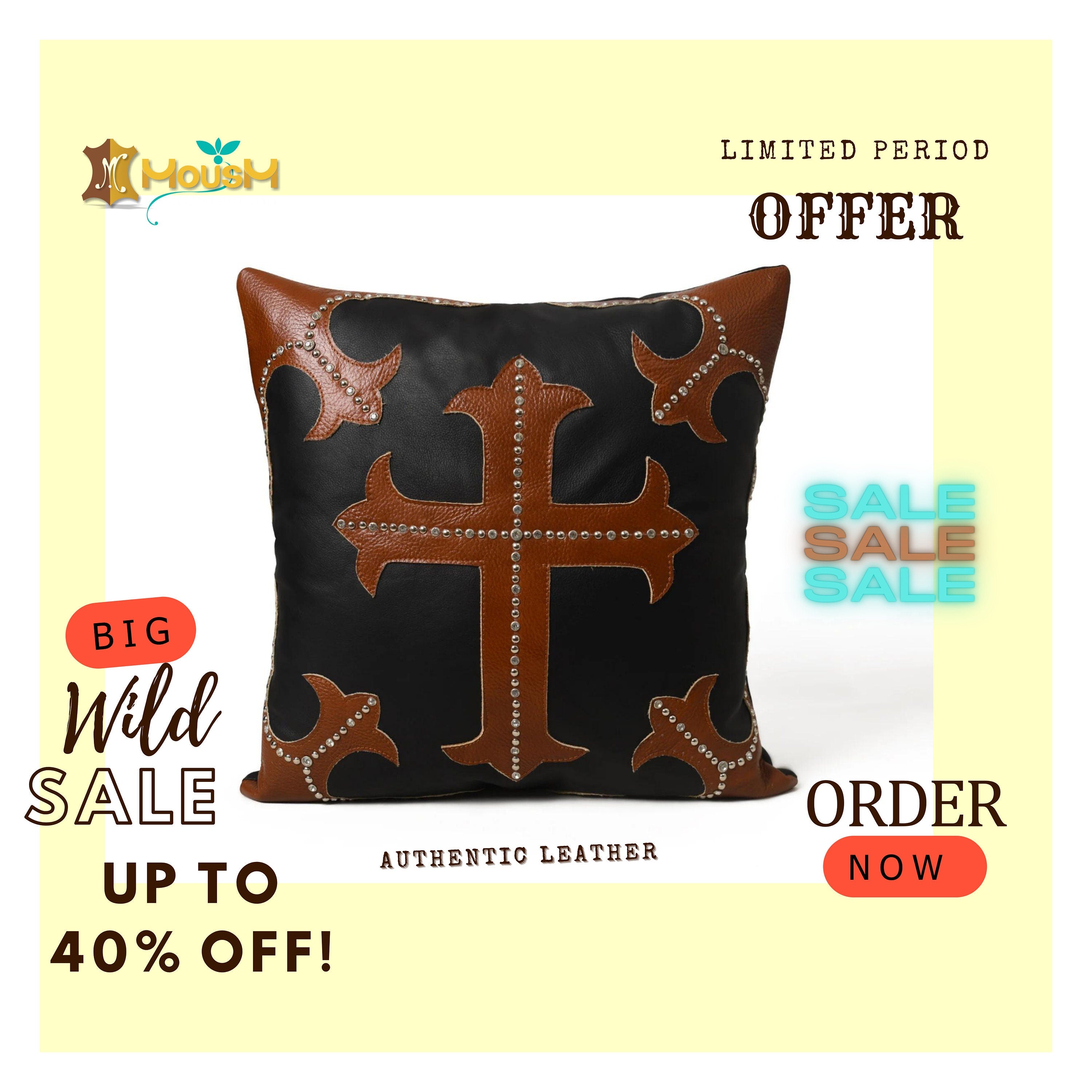 MOUSM Real Cowhide Leather Cushion Cover – 18x18 Inches Pillow Cover with Brown Cross Design Patch & Silver Rhinestone Studs – Designer Throw Pillow Cover for Sofa, Couch, Living Room & Bedroom (Black)