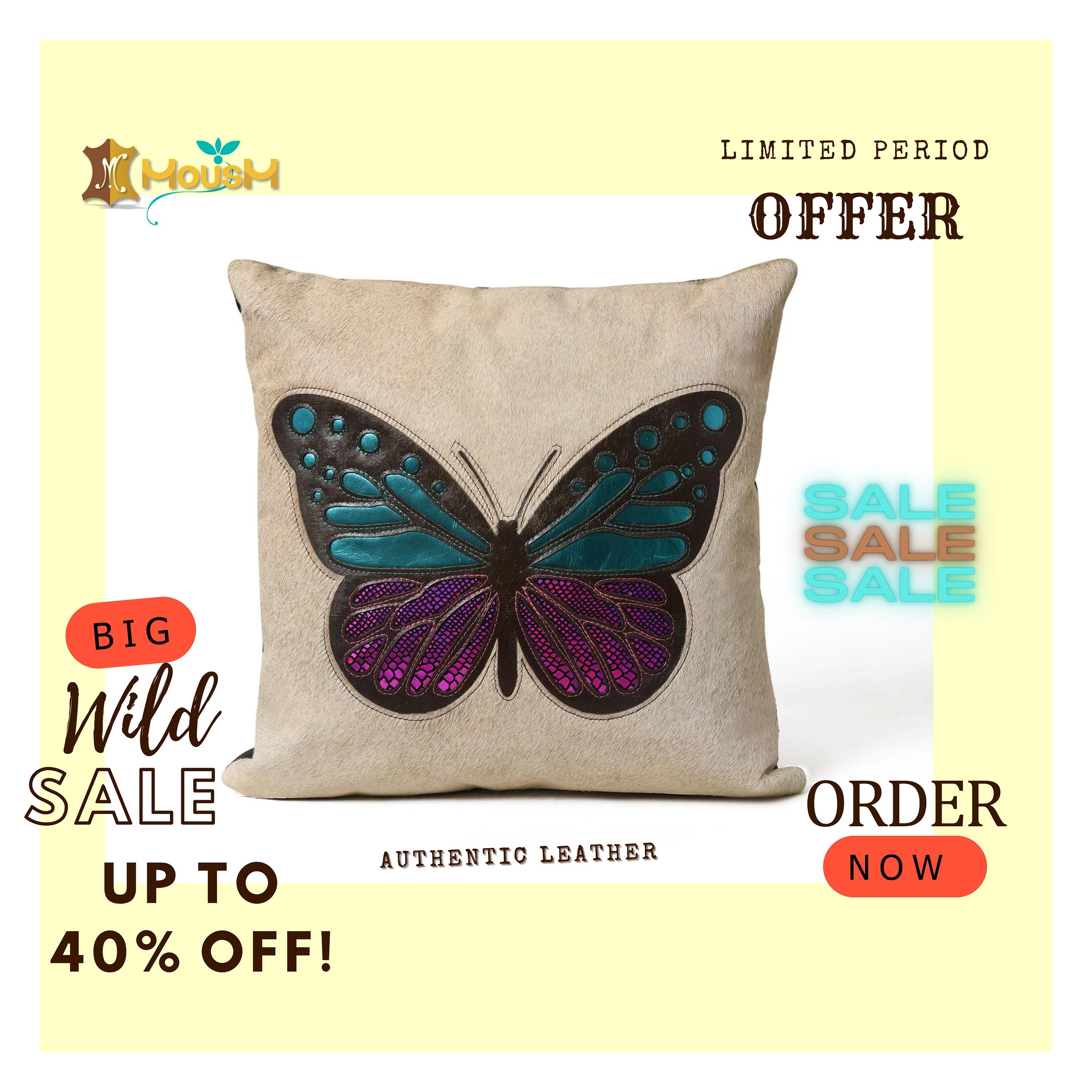 MOUSM Real Cowhide Leather Cushion Cover – 18x18 Inch Hair-On Pillow Cover with Colorful Butterfly Patch Handcrafted Decorative Throw Pillow Cover for Sofa, Couch, Living Room & Bedroom