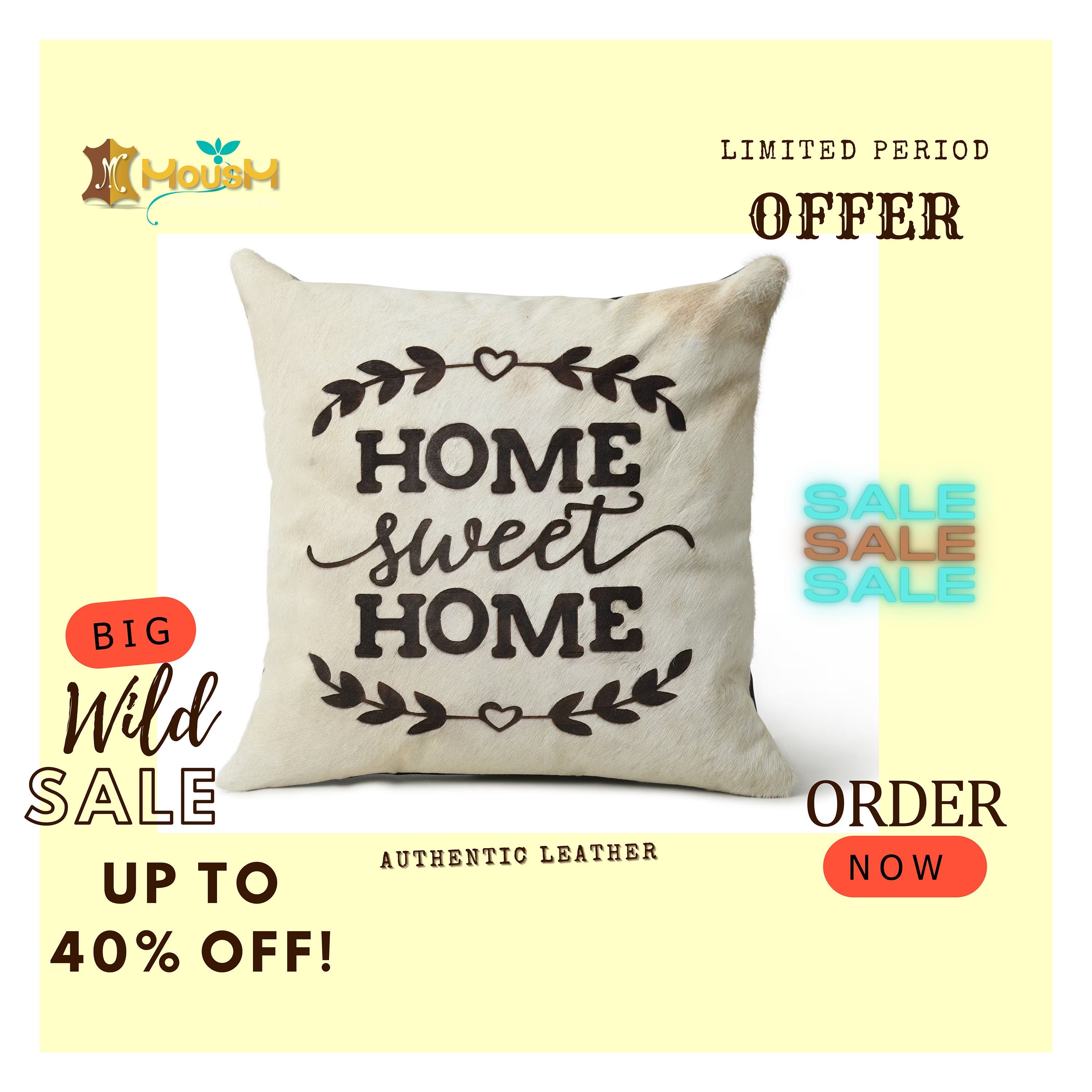 MOUSM Real Cowhide Leather Cushion Cover – 18x18 Inch Hair-On Decorative Pillow Cover with “Home Sweet Home” Quotation – Designer Throw Pillow Case for Sofa, Couch, Living Room & Bedroom