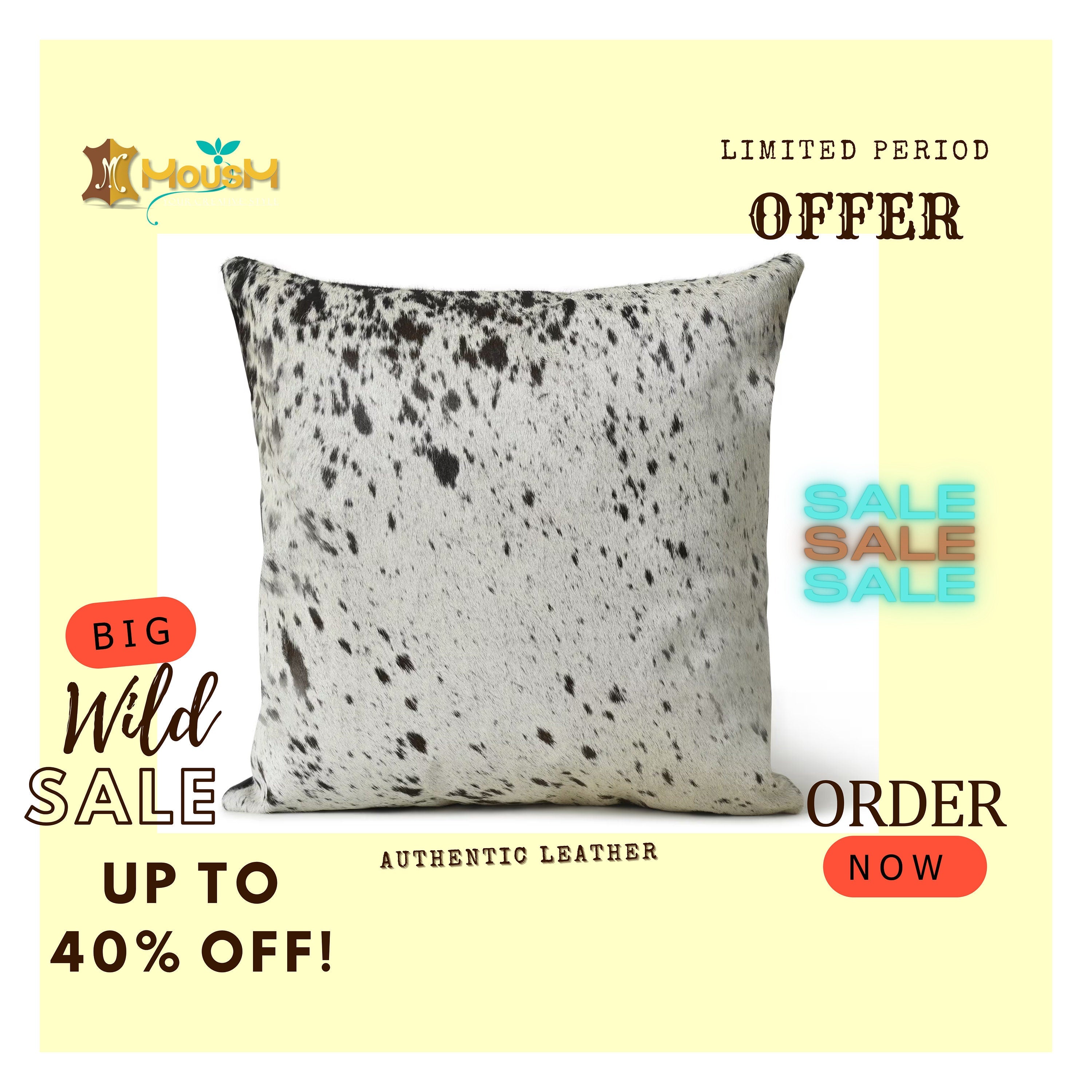 MOUSM Real Cowhide Leather Cushion Cover – 18x18 Inch Hair-On Decorative Pillow Cover with White with Black Spots – Designer Throw Pillow Case for Sofa, Couch, Living Room & Bedroom