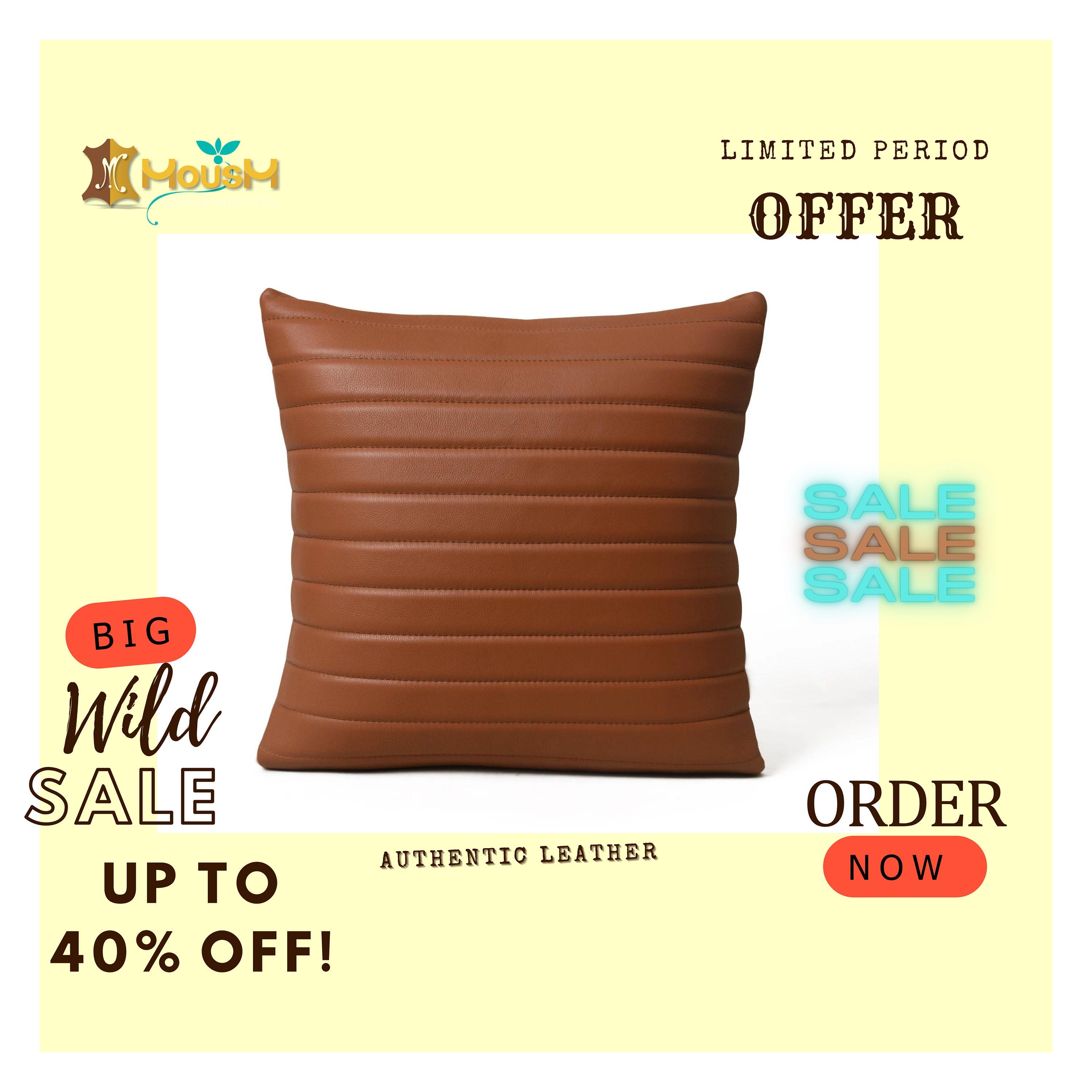 MOUSM Real Cowhide Leather Cushion Cover – 18x18 Inch Parallel Striped Designer Pillow Cover – Decorative Throw for Sofa, Couch, Living Room & Bedroom (White / Black / Tan / Brown)