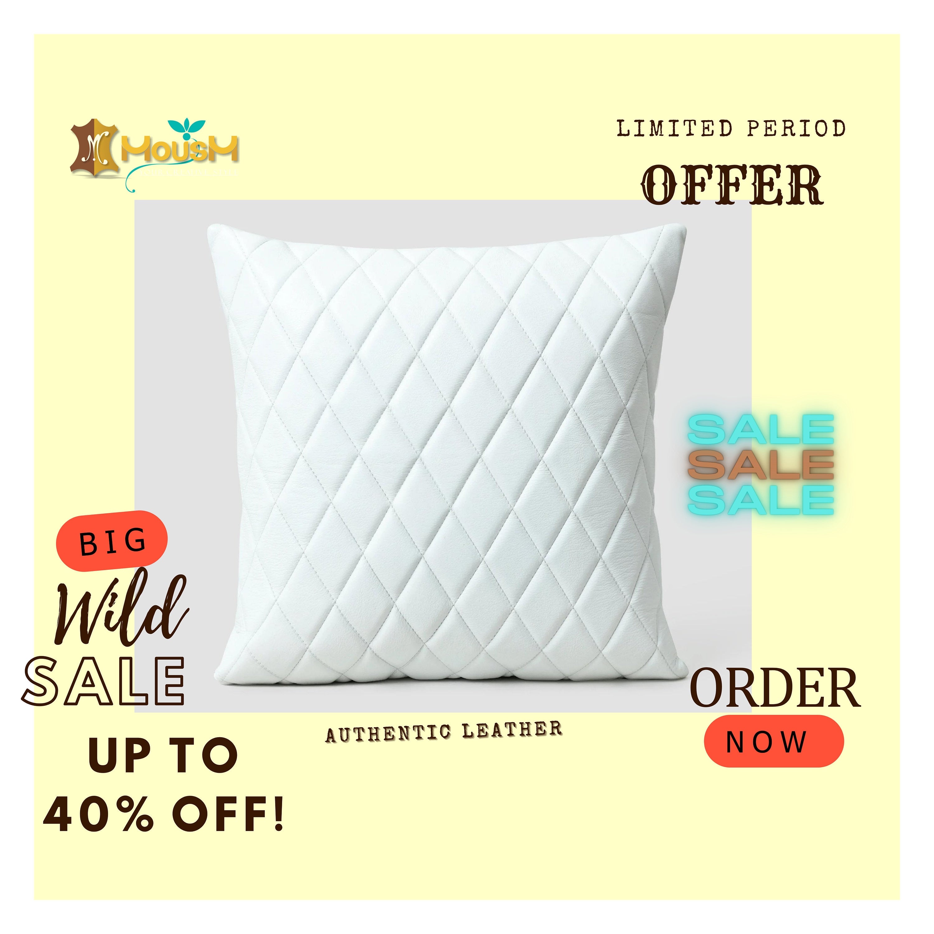 MOUSM Real Cowhide Leather Cushion Cover – 18x18 Inch Decorative Pillow Cover with Diagonal Striped Checks – Designer Throw Pillow Case for Sofa, Couch, Living Room & Bedroom (White / Tan / Brown / Black)