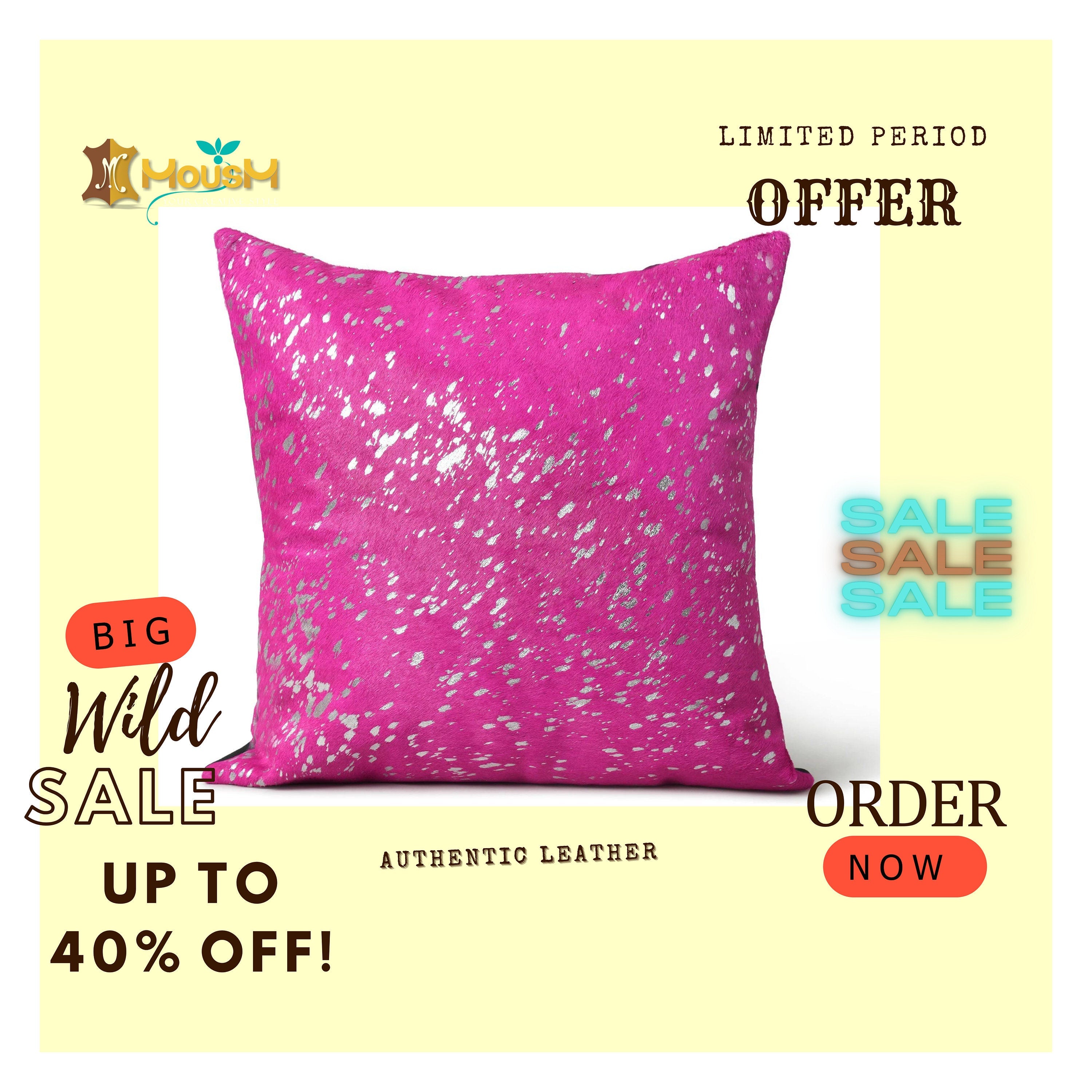MOUSM Real Cowhide Leather Cushion Cover – 18x18 Inch Hair-On Decorative Pillow Cover with Metallic Spots – Designer Throw Pillow Case for Sofa, Couch, Living Room & Bedroom (Pink, Purple)