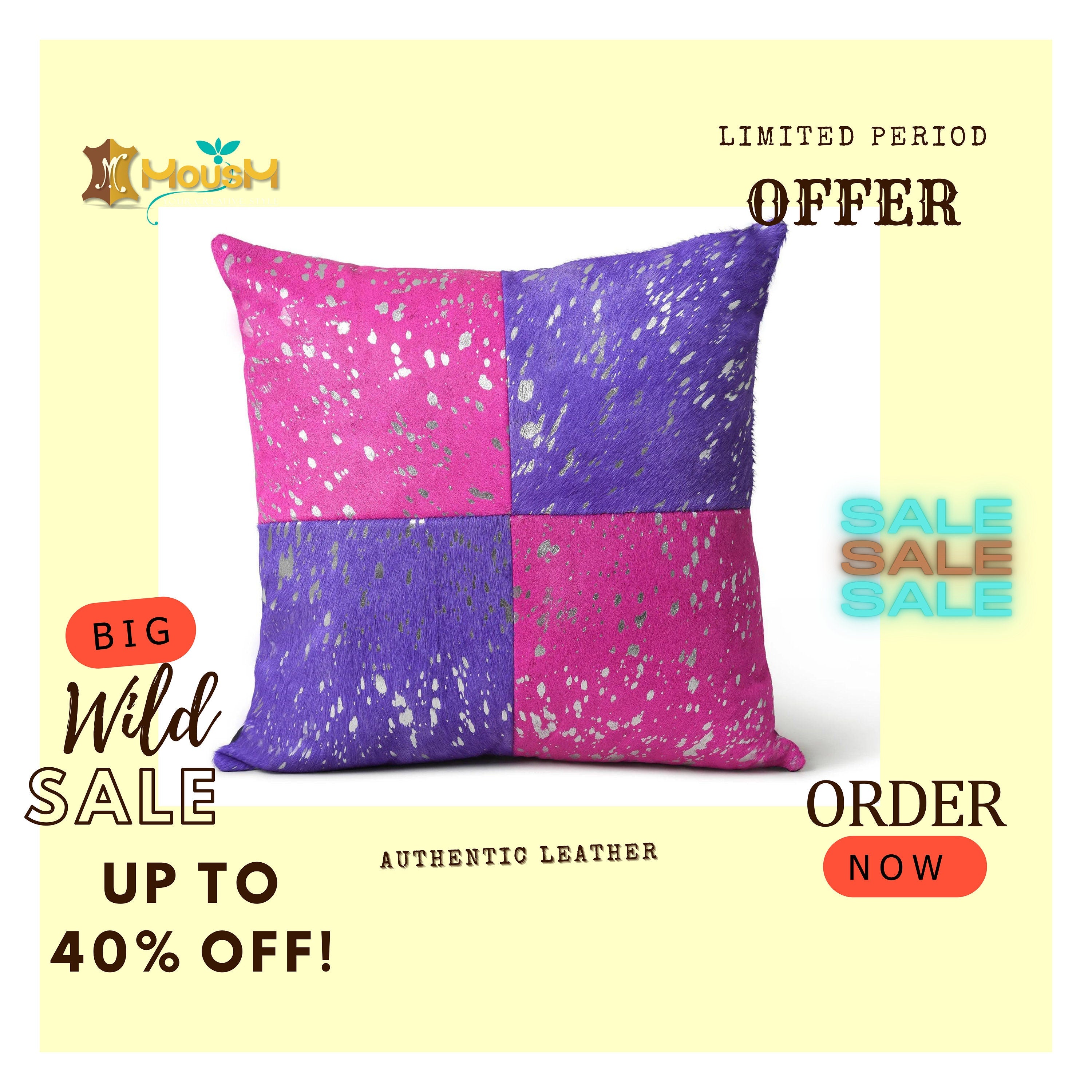 MOUSM Real Cowhide Leather Cushion Cover – 18x18 Inch Hair-On Decorative Pillow Cover with Two Cross Shades and Silver Metallic Acid Wash – Designer Throw Pillow Case for Sofa, Couch, Living Room & Bedroom