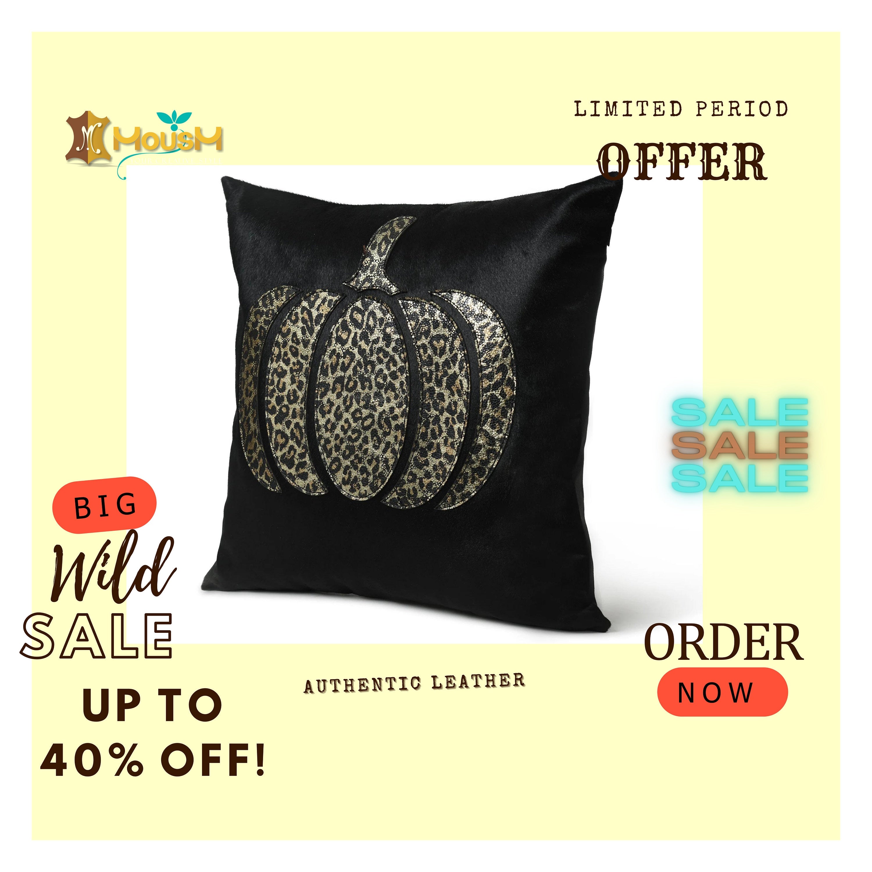 MOUSM Real Cowhide Leather Cushion Cover – 18x18 Inch Hair-On Decorative Pillow Cover with Holographic Leopard Print Pumpkin Design – Designer Throw Pillow Case for Sofa, Couch, Living Room & Bedroom (Black)