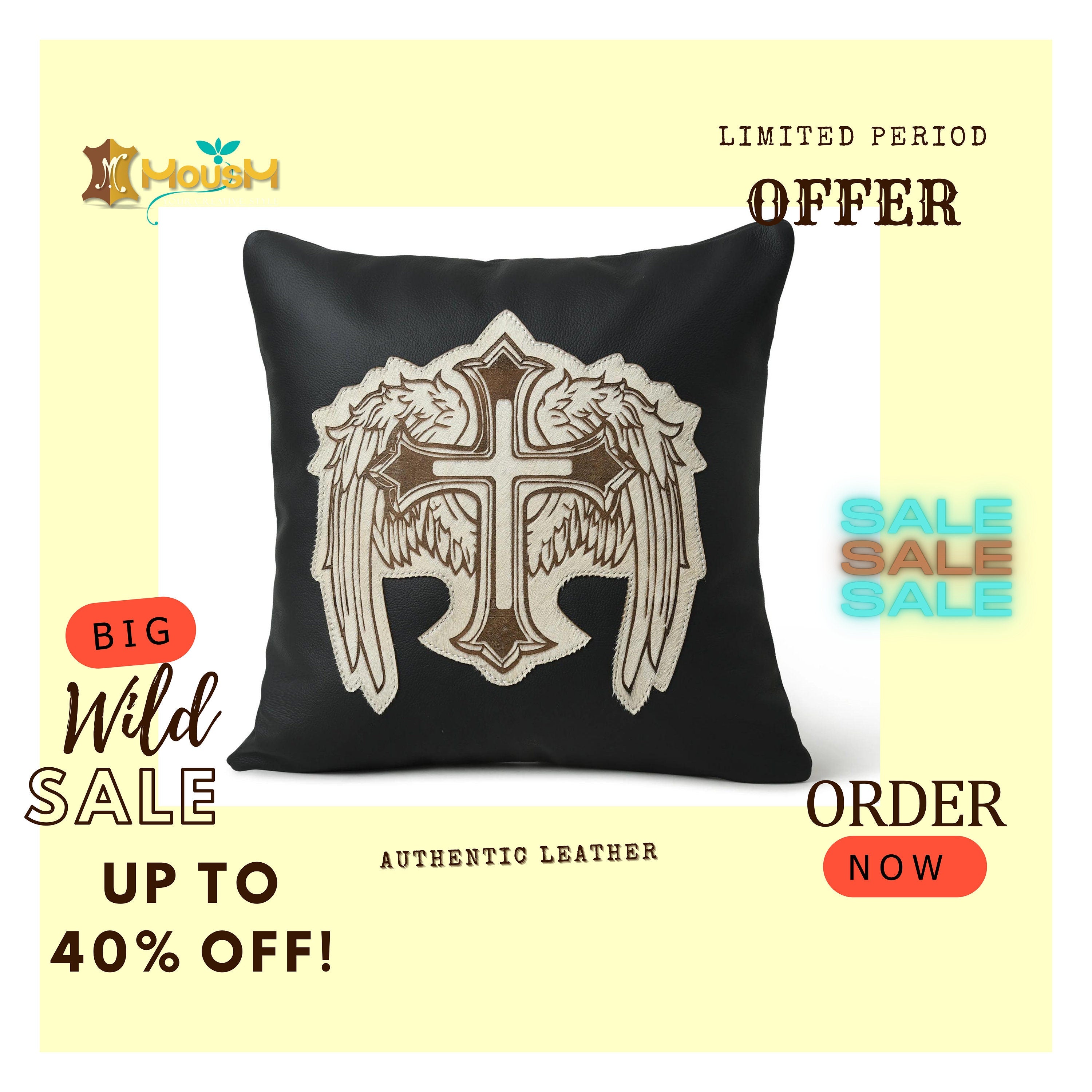 MOUSM Real Cowhide Leather Cushion Cover – 18x18 Inch Decorative Throw Pillow Cover with White Engraved Hair On Cross Wing Patch – Designer Leather Cushion Cover for Sofa, Couch, Living Room & Bedroom