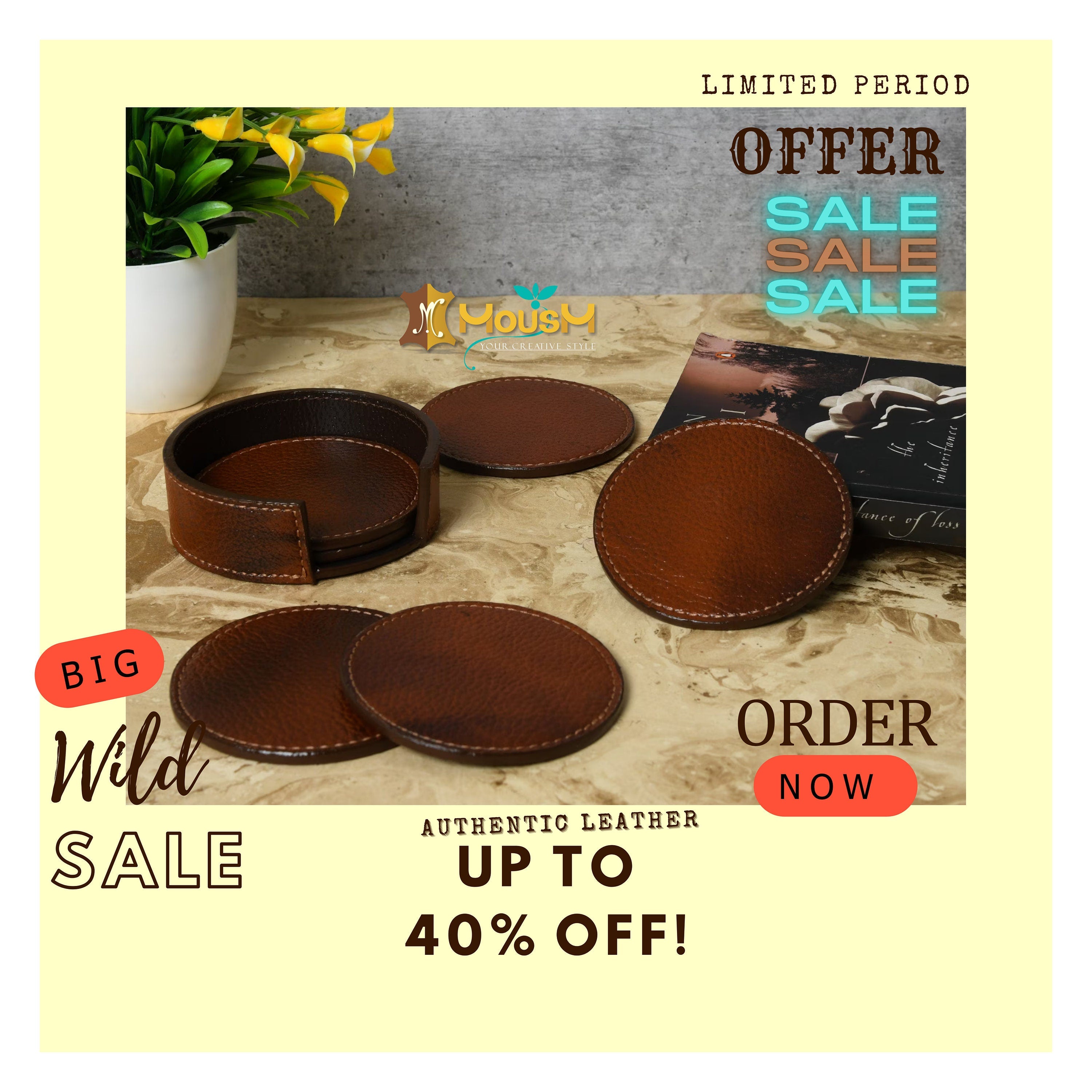 MOUSM Full Grain Top Quality Leather Coasters with Holder - Set of 6 Coasters - Drink and Barware