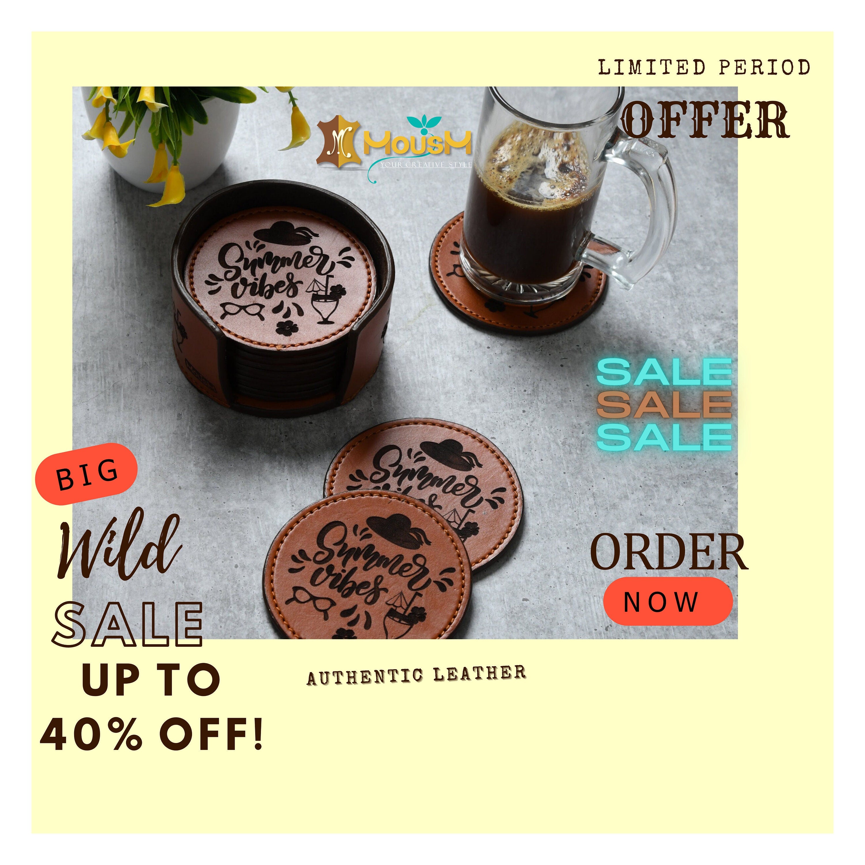 MOUSM Genuine Leather Coaster Set with Holder | Bar Decor | Drinking Mats | Coffe Mug Coaster | Leather Coasters | 12 Coasters Set "