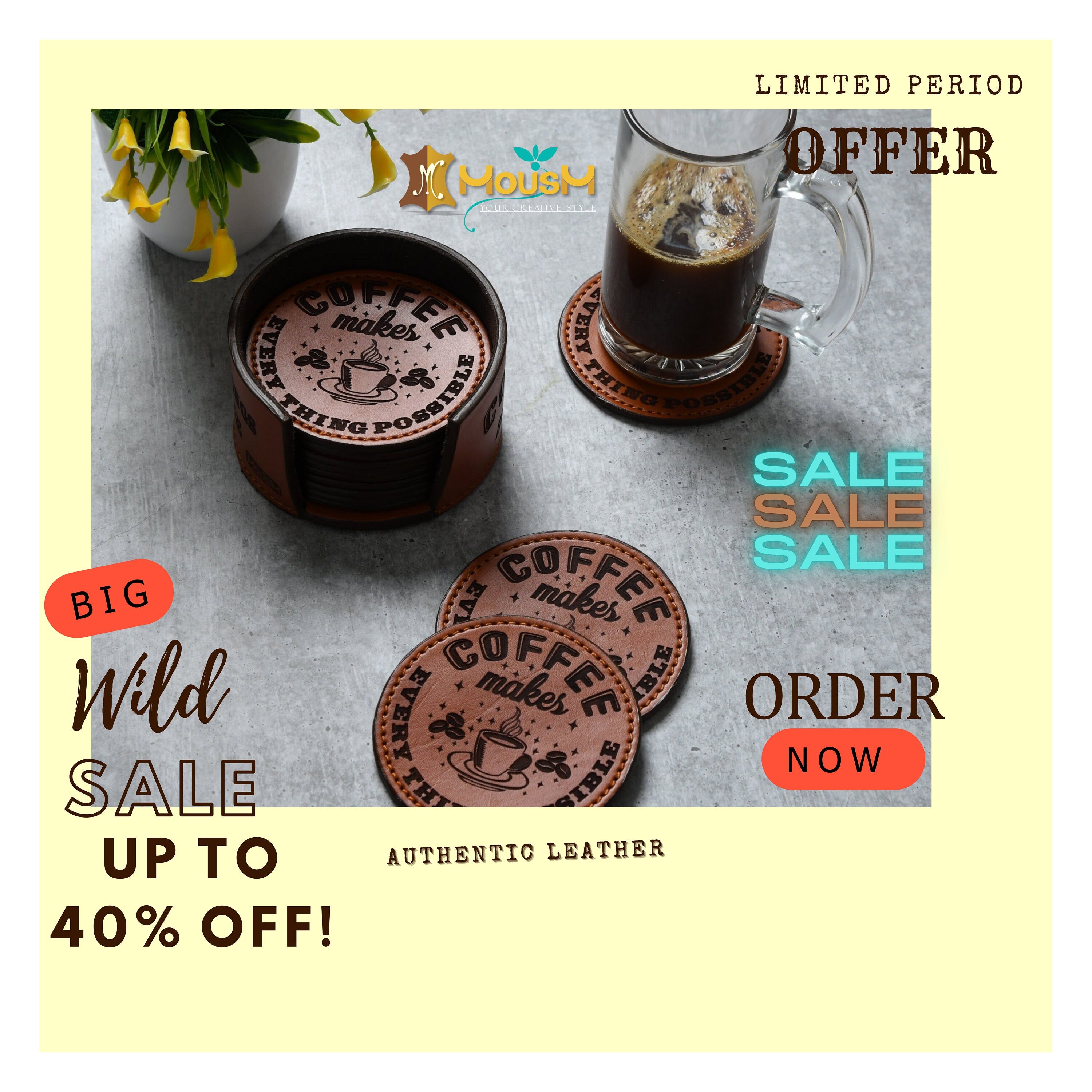 MOUSM 12 Custom Leather Coasters, Coasters With Holder, Leather Coasters , Round Leather Coasters, Housewarming Gift, Wedding Gifts Barware