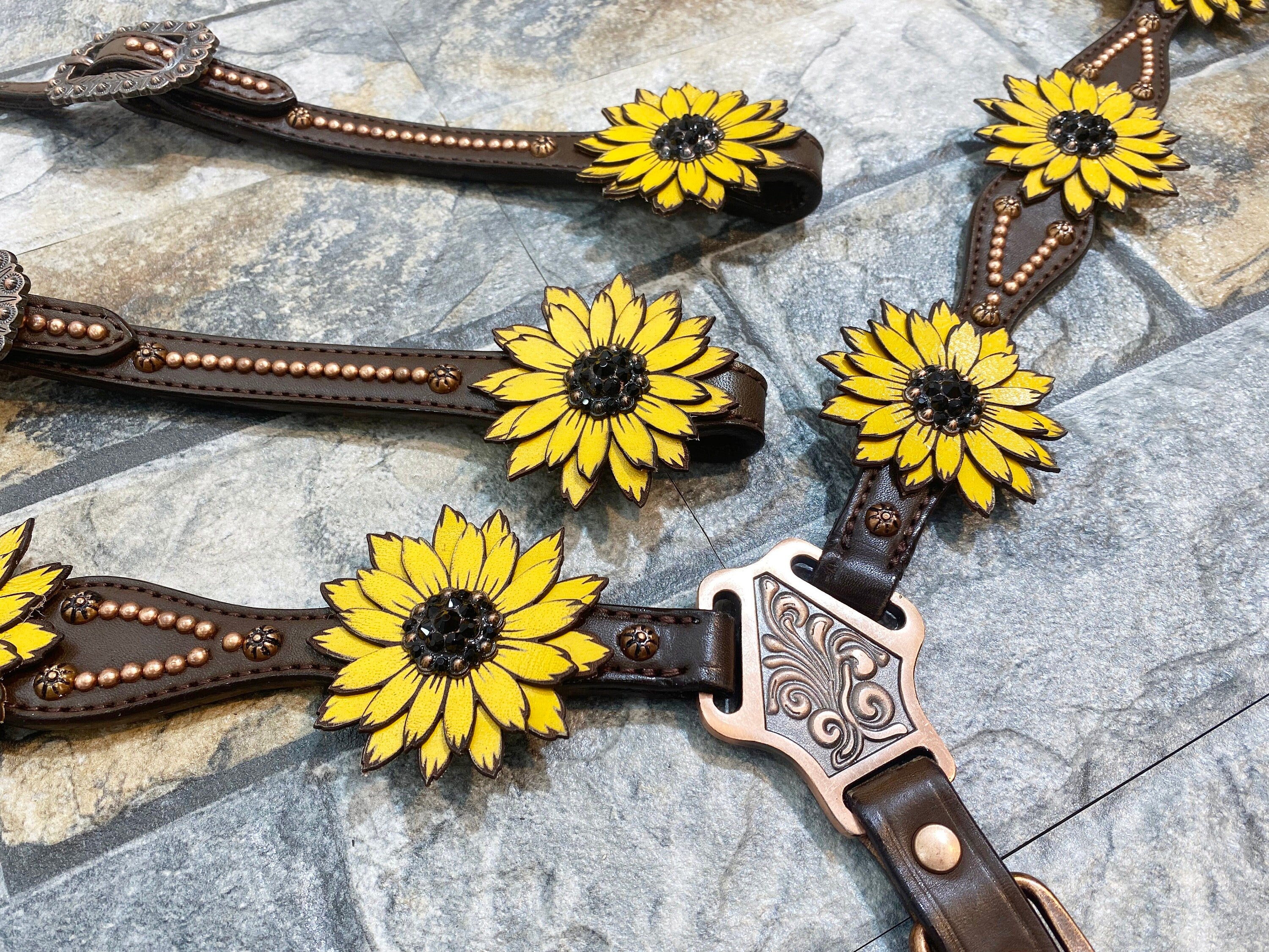 MOUSM Western Headstall & Breast Collar Set – Made with Argentina Cow Leather, Decorated with Copper Studs, Hand-Painted Laser Cut Sunflower & Black Rhinestone Conchos