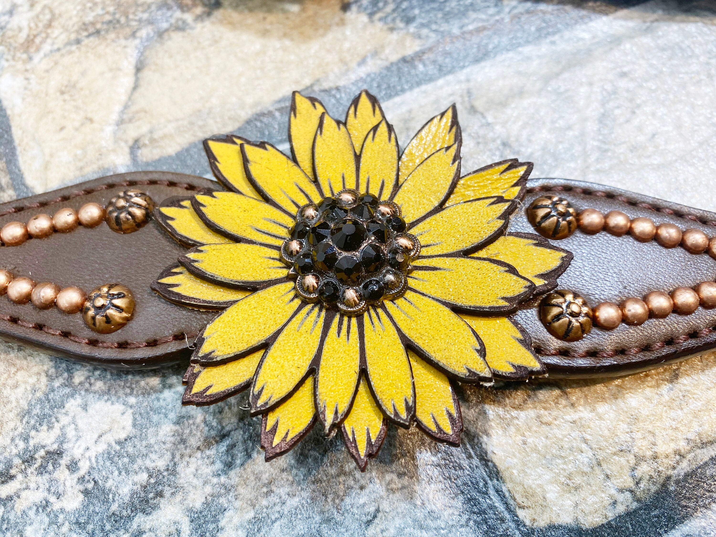 MOUSM Western Headstall & Breast Collar Set – Made with Argentina Cow Leather, Decorated with Copper Studs, Hand-Painted Laser Cut Sunflower & Black Rhinestone Conchos