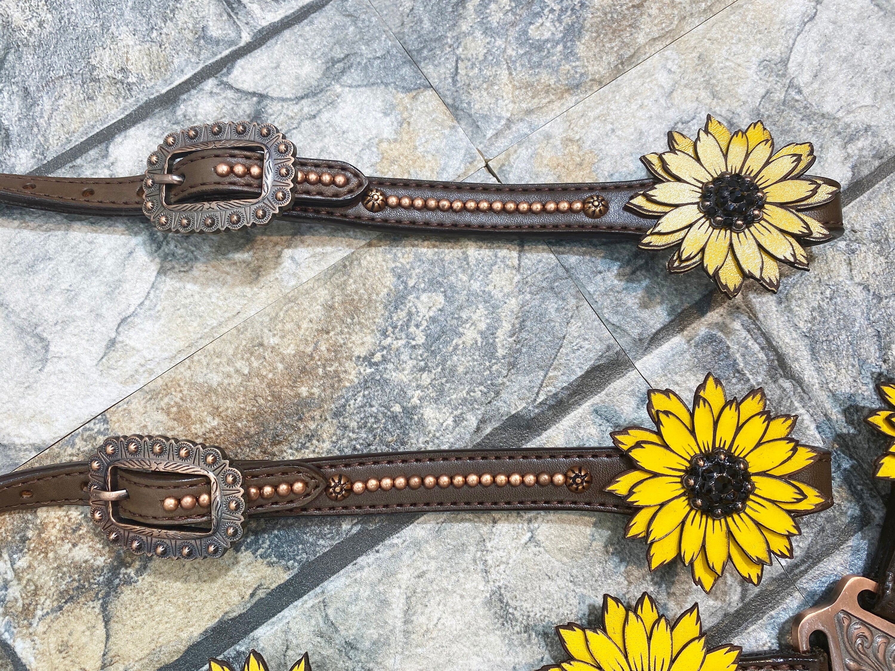 MOUSM Western Headstall & Breast Collar Set – Made with Argentina Cow Leather, Decorated with Copper Studs, Hand-Painted Laser Cut Sunflower & Black Rhinestone Conchos