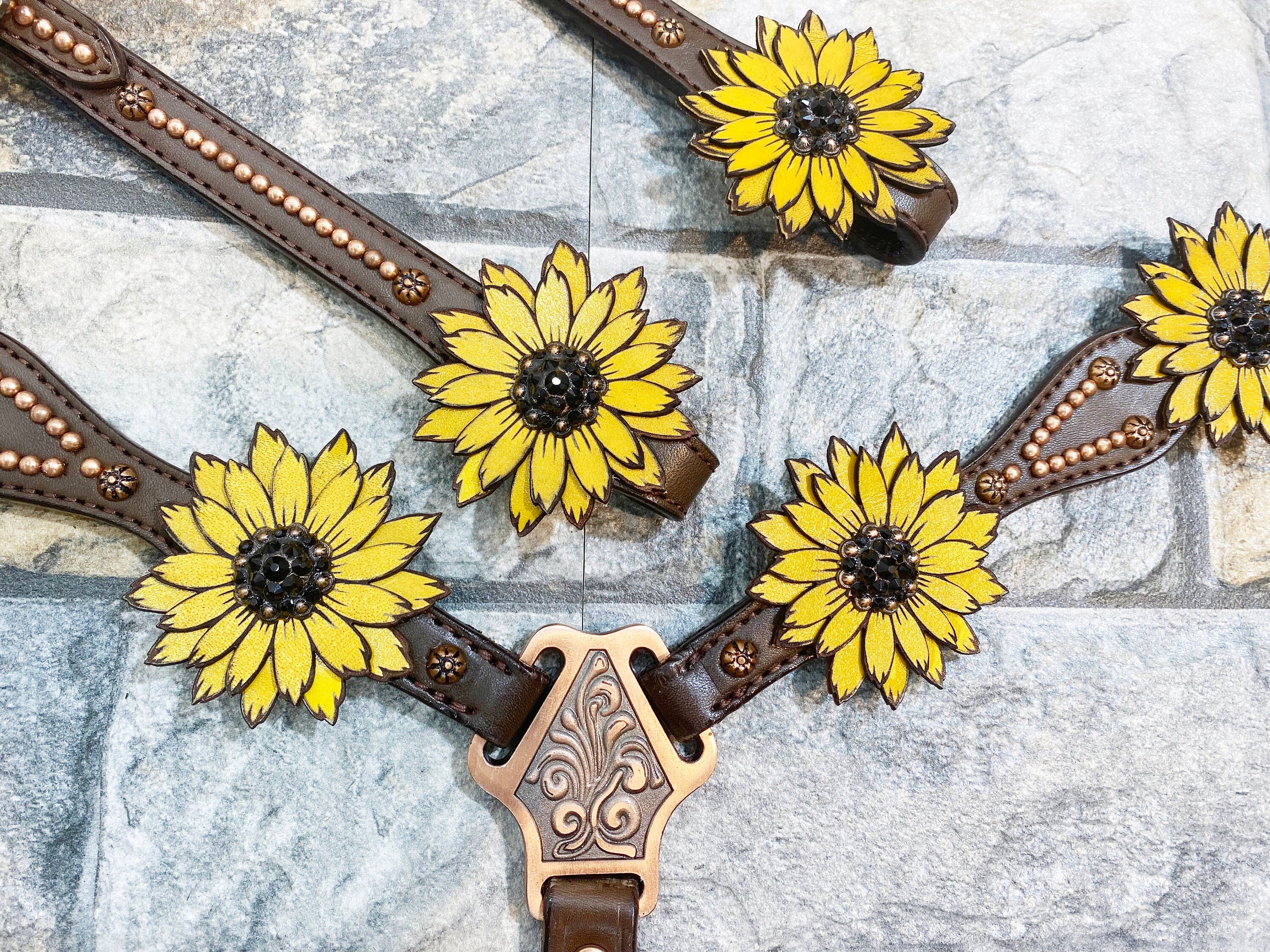 MOUSM Western Headstall & Breast Collar Set – Made with Argentina Cow Leather, Decorated with Copper Studs, Hand-Painted Laser Cut Sunflower & Black Rhinestone Conchos