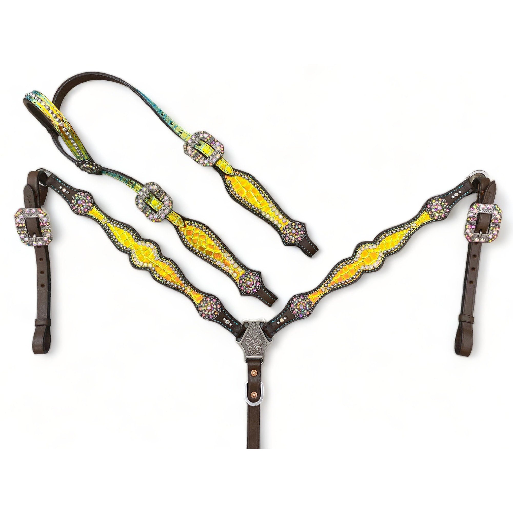 MOUSM Western Headstall & Breast Collar Set – Made with Argentina Cow Leather, Decorated with Yellow & Green Holographic Metallic Crocodile Leather