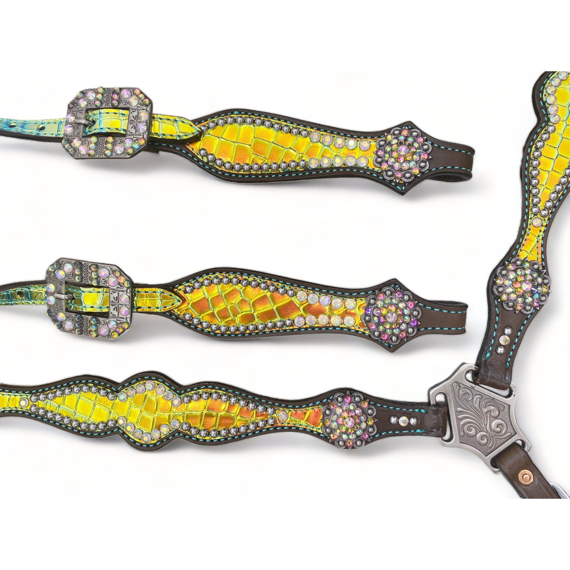 MOUSM Western Headstall & Breast Collar Set – Made with Argentina Cow Leather, Decorated with Yellow & Green Holographic Metallic Crocodile Leather