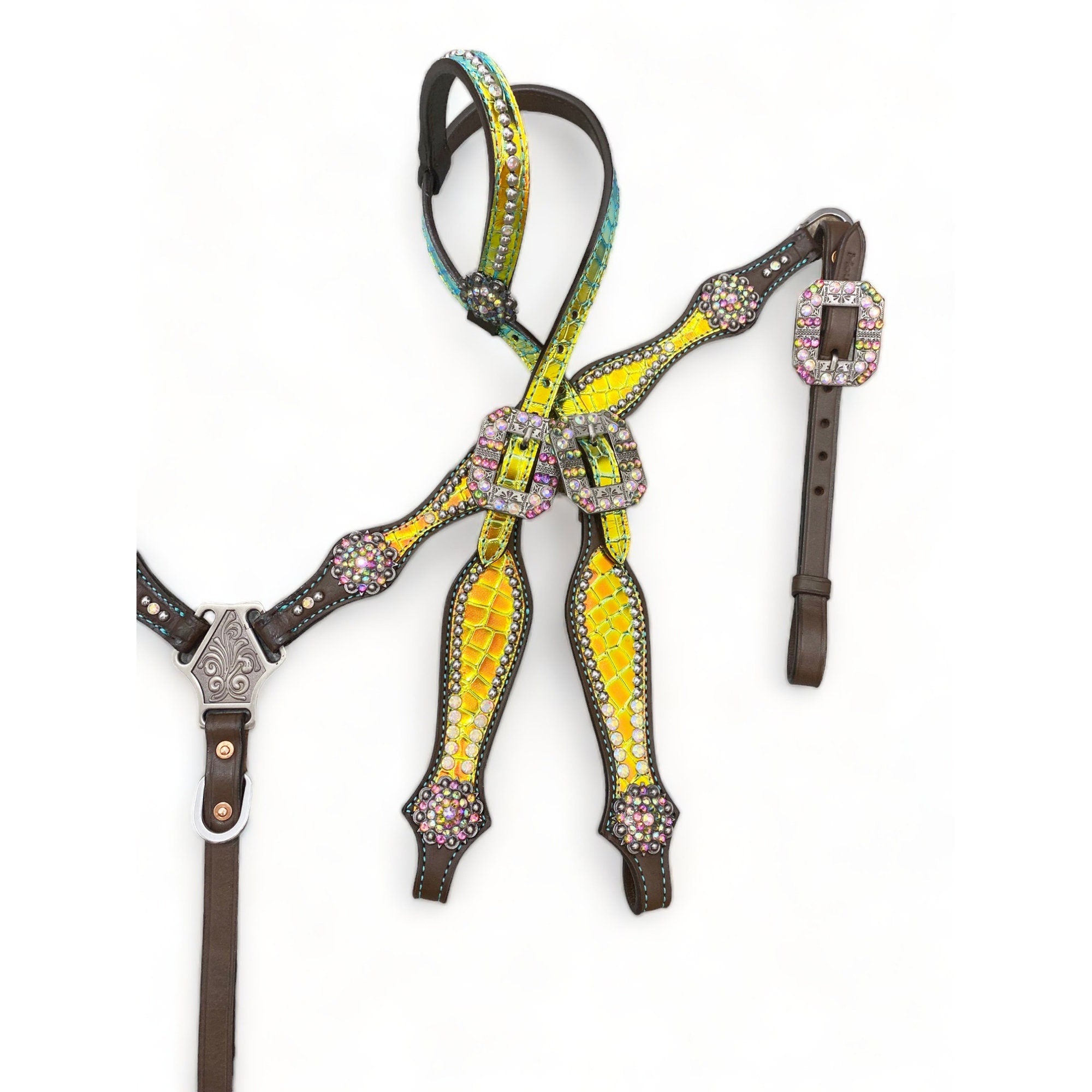 MOUSM Western Headstall & Breast Collar Set – Made with Argentina Cow Leather, Decorated with Yellow & Green Holographic Metallic Crocodile Leather