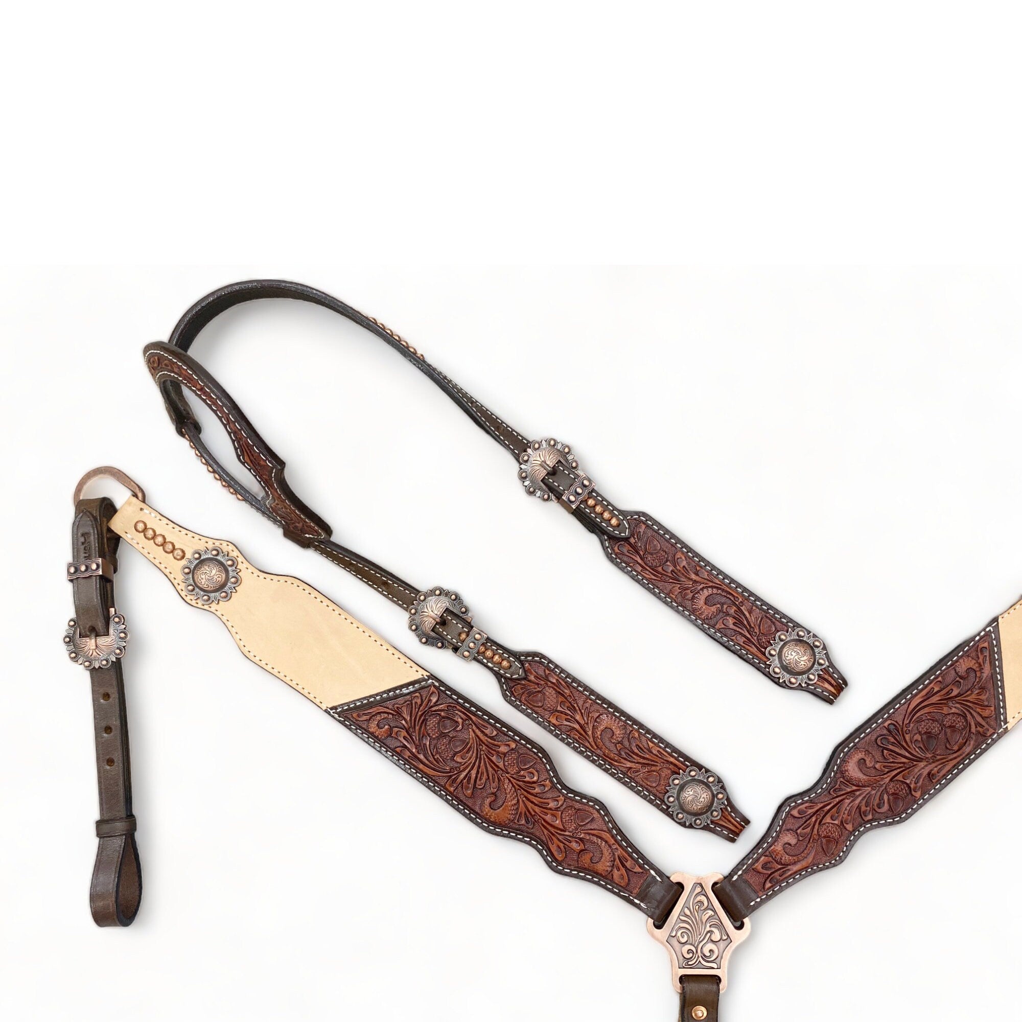 MOUSM Western Bridle and Breast Collar Set - Western Headstall Tack Set Decorated with OAK Fruit Carving Design, Antique Copper Hardware