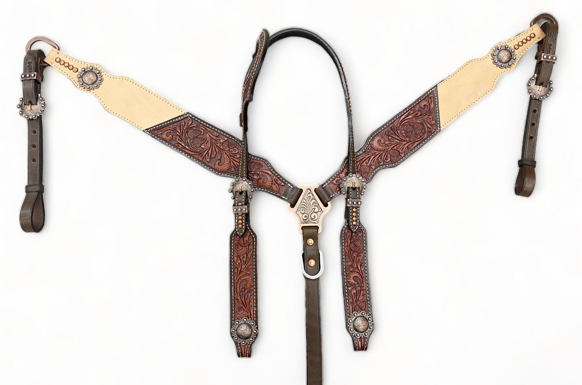 MOUSM Western Bridle and Breast Collar Set - Western Headstall Tack Set Decorated with OAK Fruit Carving Design, Antique Copper Hardware