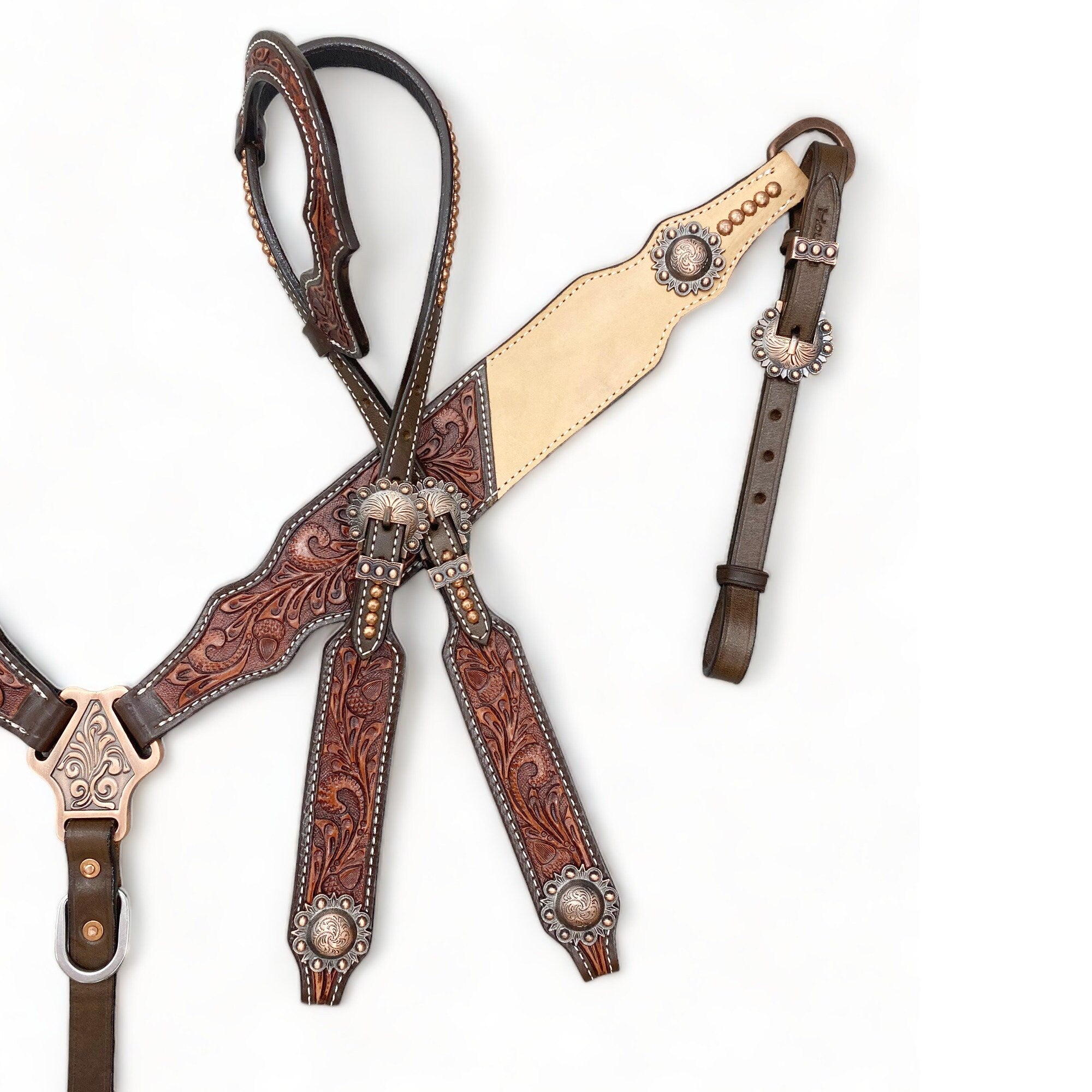 MOUSM Western Bridle and Breast Collar Set - Western Headstall Tack Set Decorated with OAK Fruit Carving Design, Antique Copper Hardware