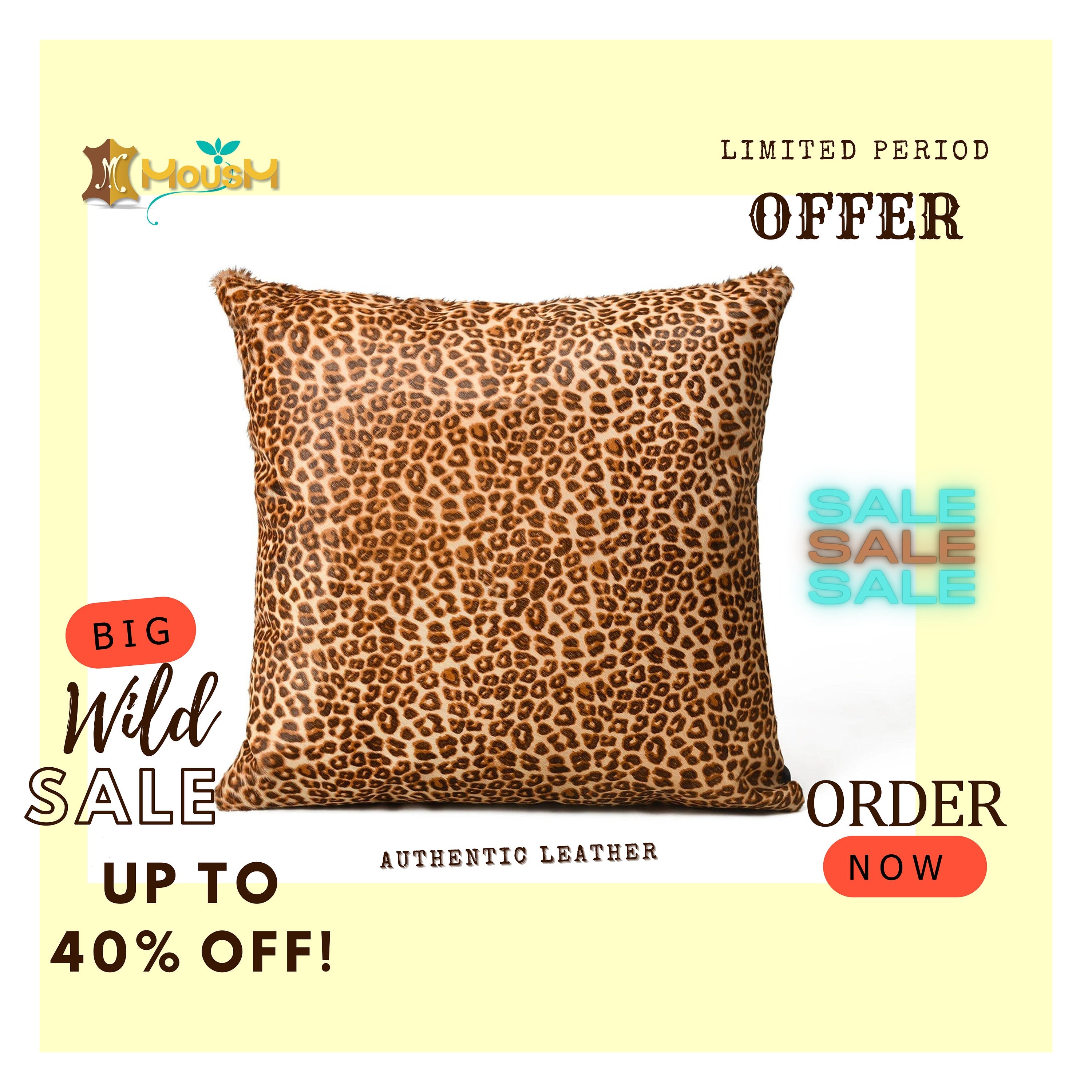 MOUSM Real Cowhide Leather Cushion Cover – 18x18 Inches Hair-On Pillow Cover with Leopard Print – Designer Decorative Throw Pillow Case for Sofa, Couch, Living Room & Bedroom