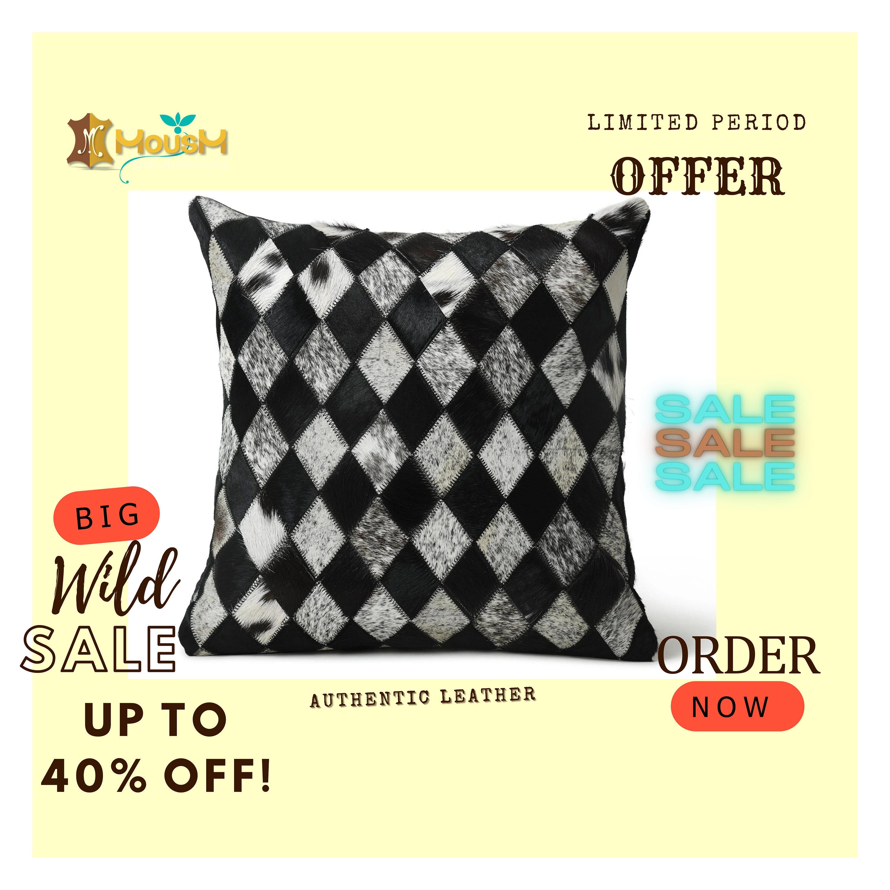 MOUSM Real Cowhide Leather Cushion Cover – 18x18 Inch Hair-On Decorative Pillow Cover with Black Criss-Cross Pattern – Designer Throw Pillow Case for Sofa, Couch, Living Room & Bedroom