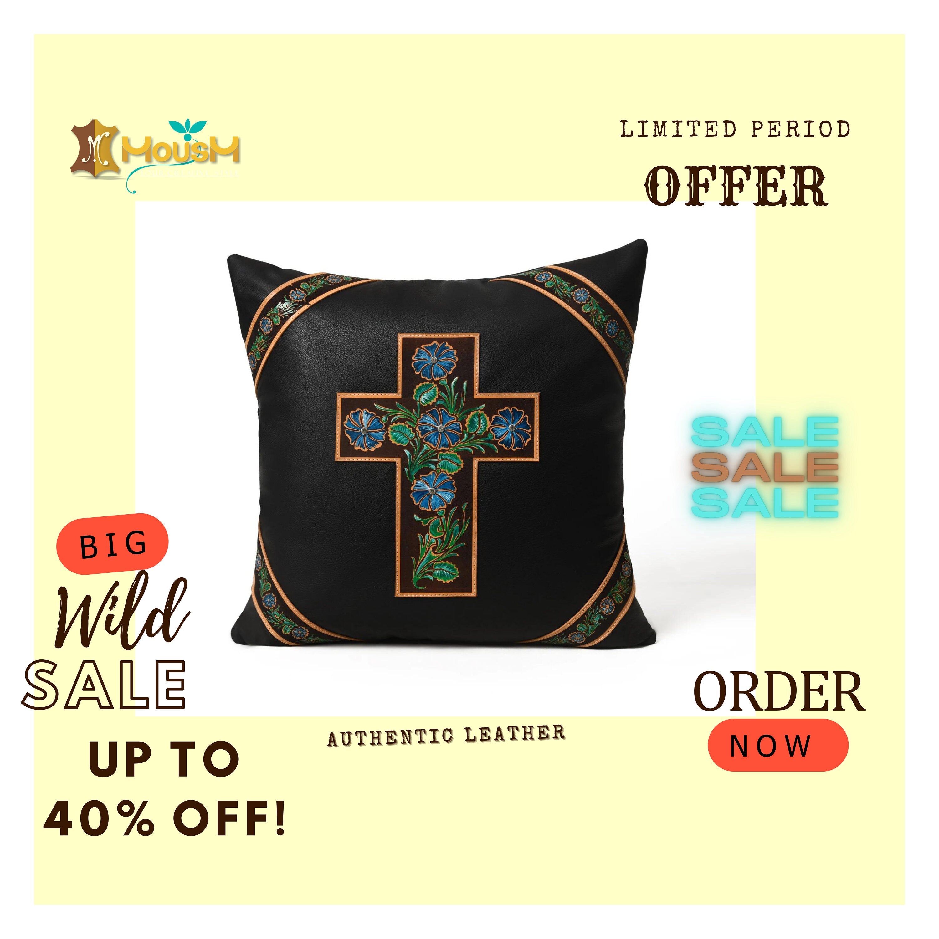 MOUSM Real Cowhide Leather Cushion Cover – 18x18 Inch Black Leather Pillow Cover with Engraved Floral Design on Hand-Painted Turquoise & Green Cross Patch – Designer Throw Pillow Case for Sofa, Couch, Living Room & Bedroom