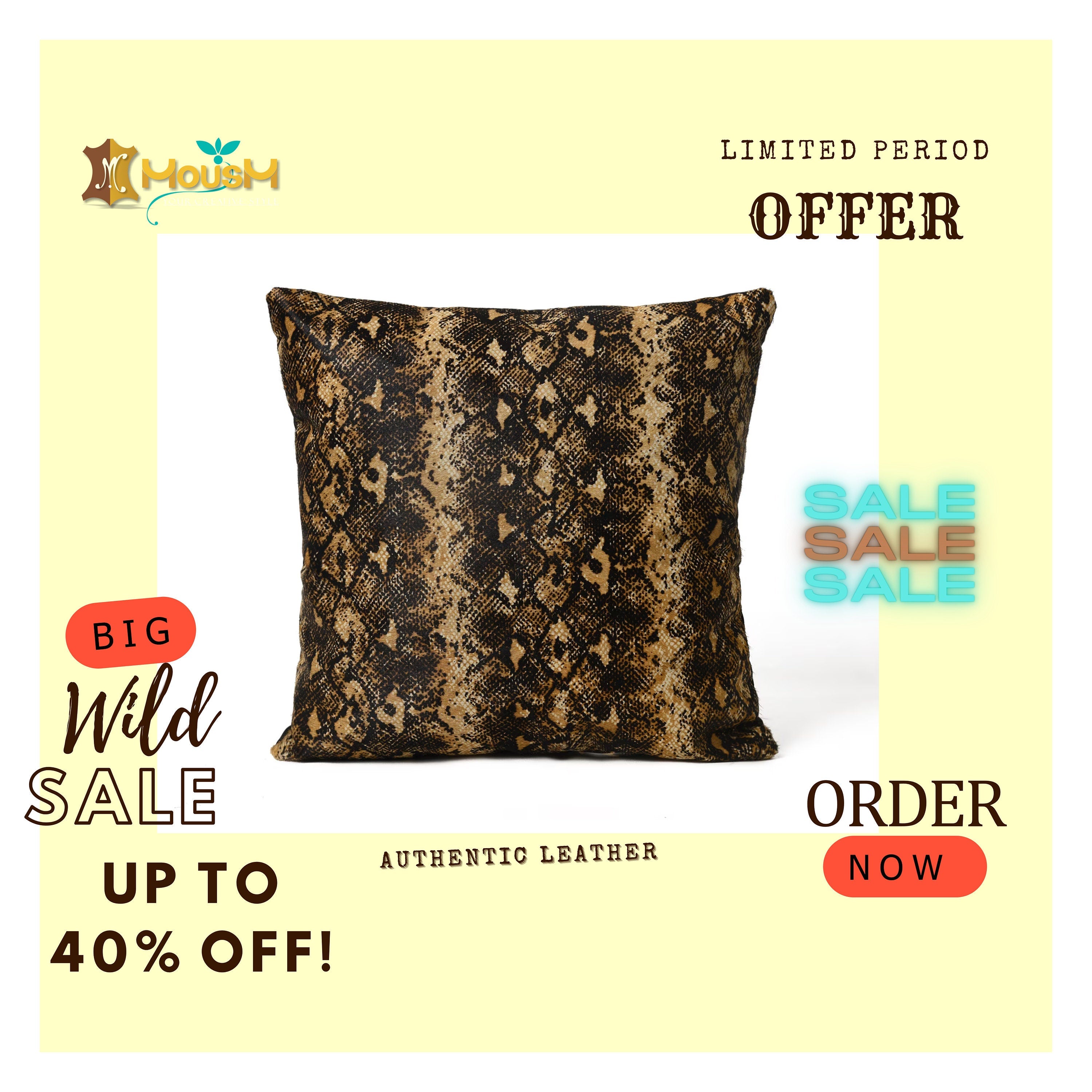 MOUSM Real Cowhide Leather Cushion Cover – 18x18 Inch Pillow Cover with Python Snake Print & Black Spots – Designer Square Pillow Cover for Sofa, Couch, Living Room & Bedroom