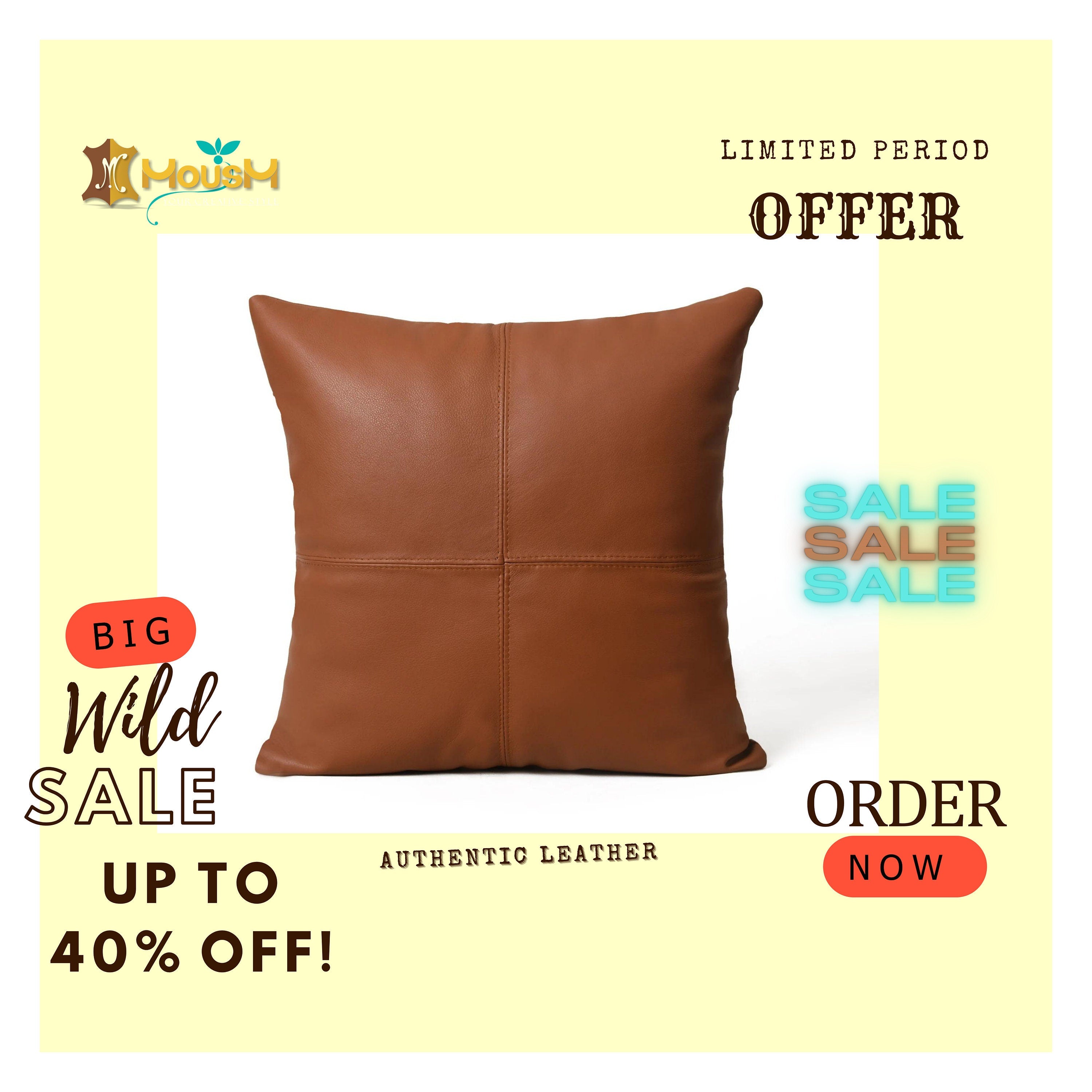 MOUSM Real Cowhide Leather Cushion Cover – 18x18 Inch Square Pattern Designer Pillow Cover – Decorative Throw Pillow Cover for Sofa, Couch, Living Room & Bedroom (White / Black / Tan / Dark Brown)