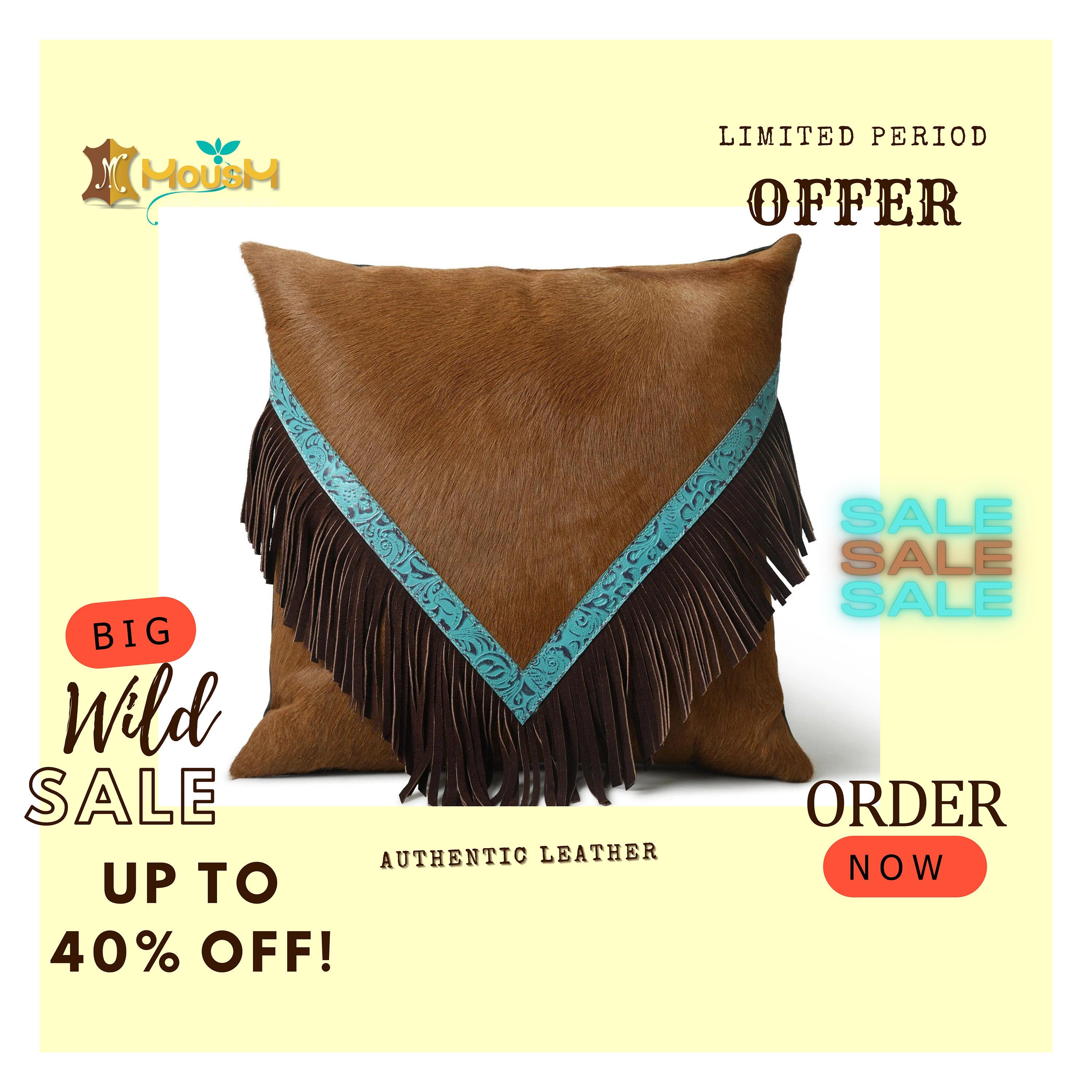 MOUSM Real Cowhide Leather Cushion Cover – 18x18 Inch Hair-On Decorative Pillow Cover with Brown Fringe – Designer Throw Pillow Case for Sofa, Couch, Living Room & Bedroom (Tan Brown)