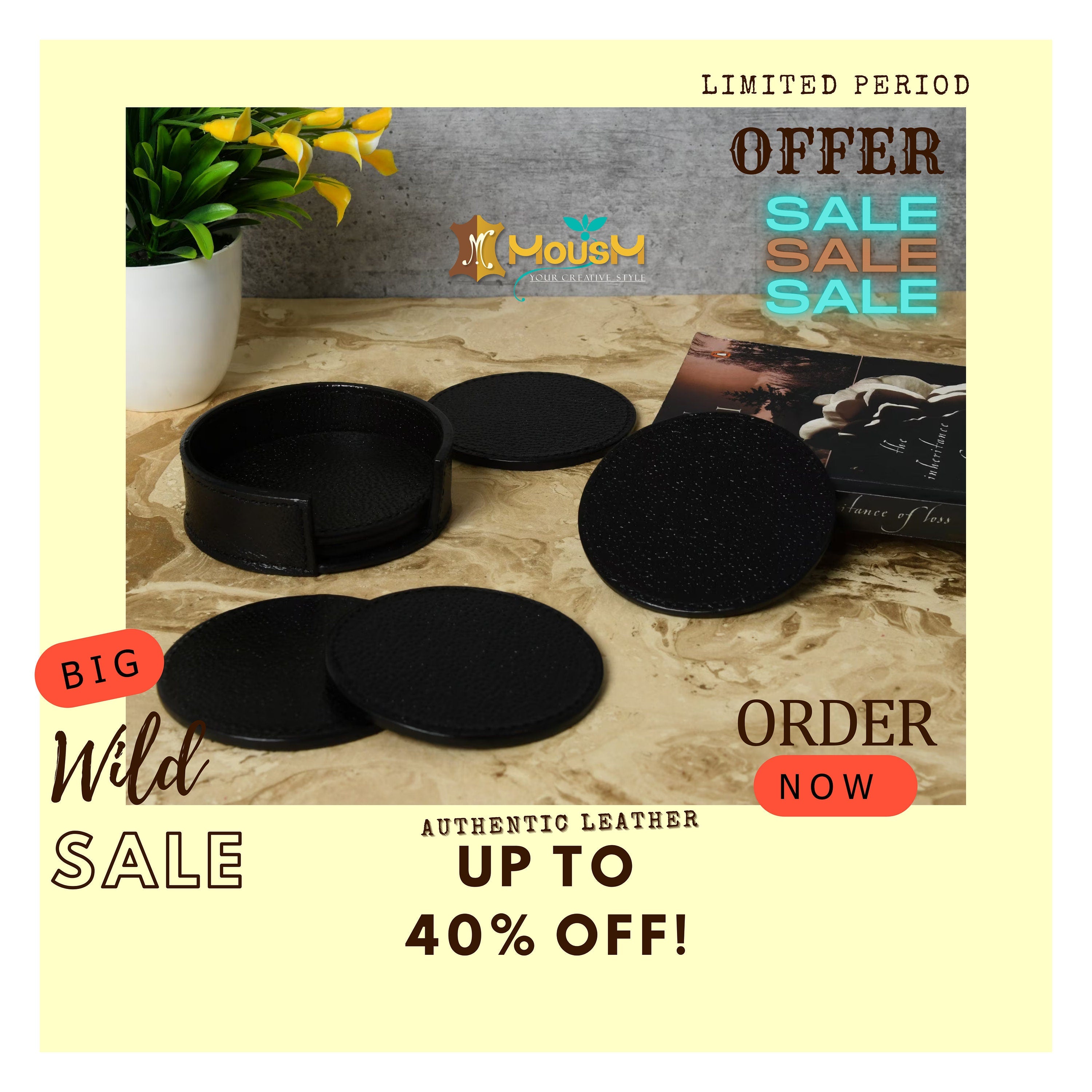MOUSM Genuine Leather Coaster Set with Holder, Black Coaster, Barware Gift, Gift for Him, Party Drink Mats Housewarming Gifts, Drinking Mats