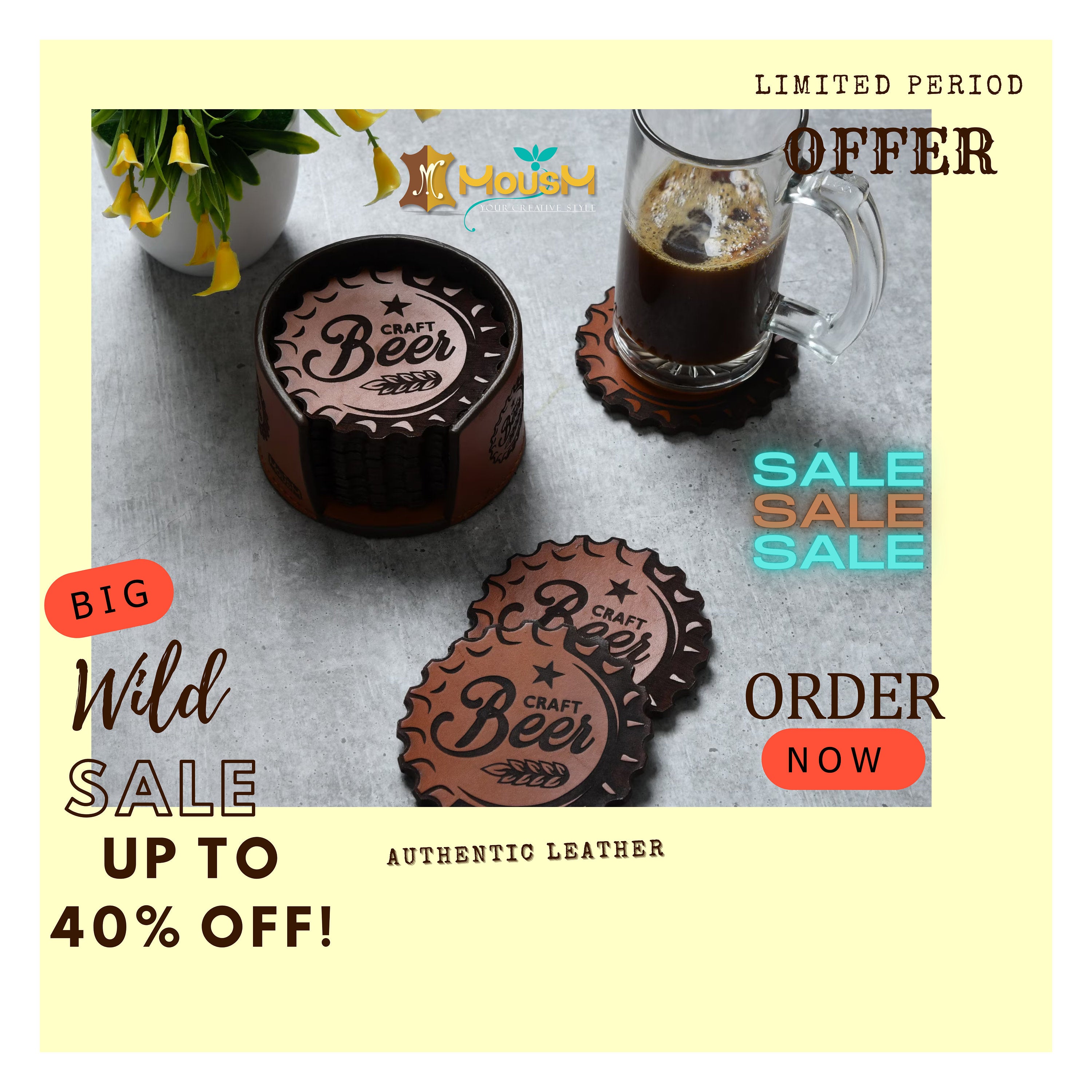 MOUSM Bar Coasters, Set of 12 Coasters with Holder, Home Bar Decor, Home Brewing Coasters, Beer Bar Decor, Leatherette, Housewarming Gift