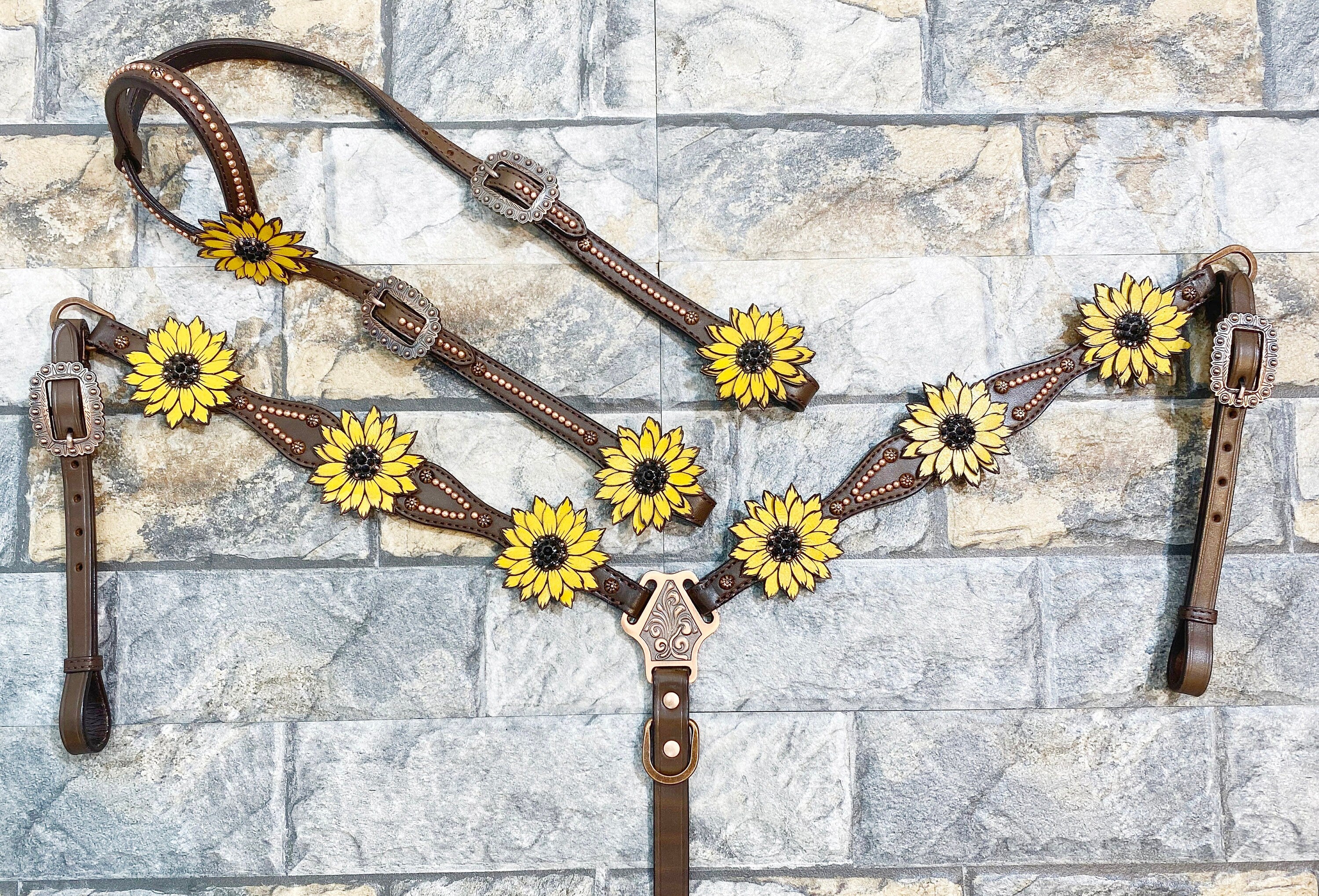 MOUSM Western Headstall & Breast Collar Set – Made with Argentina Cow Leather, Decorated with Copper Studs, Hand-Painted Laser Cut Sunflower & Black Rhinestone Conchos