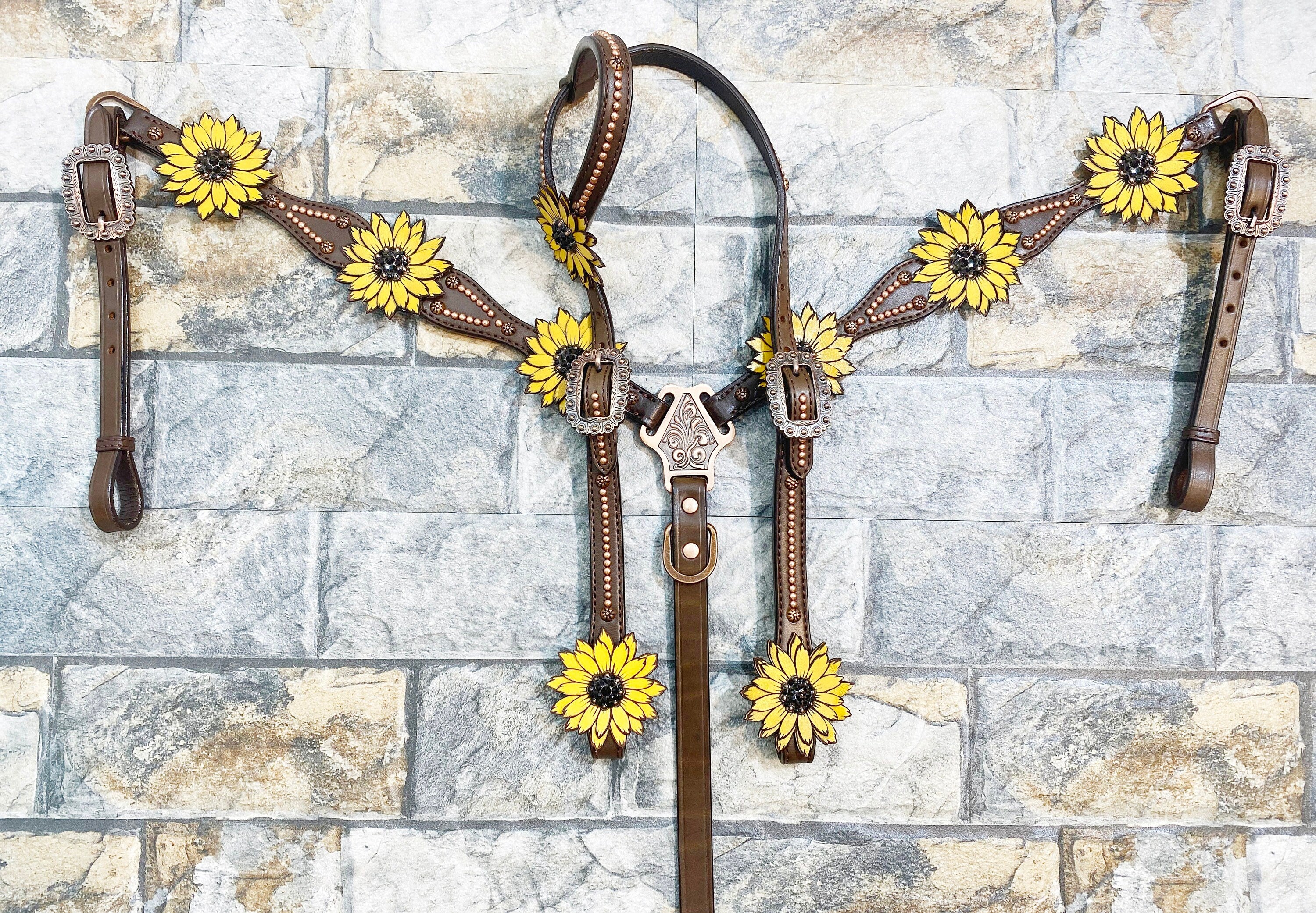 MOUSM Western Headstall & Breast Collar Set – Made with Argentina Cow Leather, Decorated with Copper Studs, Hand-Painted Laser Cut Sunflower & Black Rhinestone Conchos
