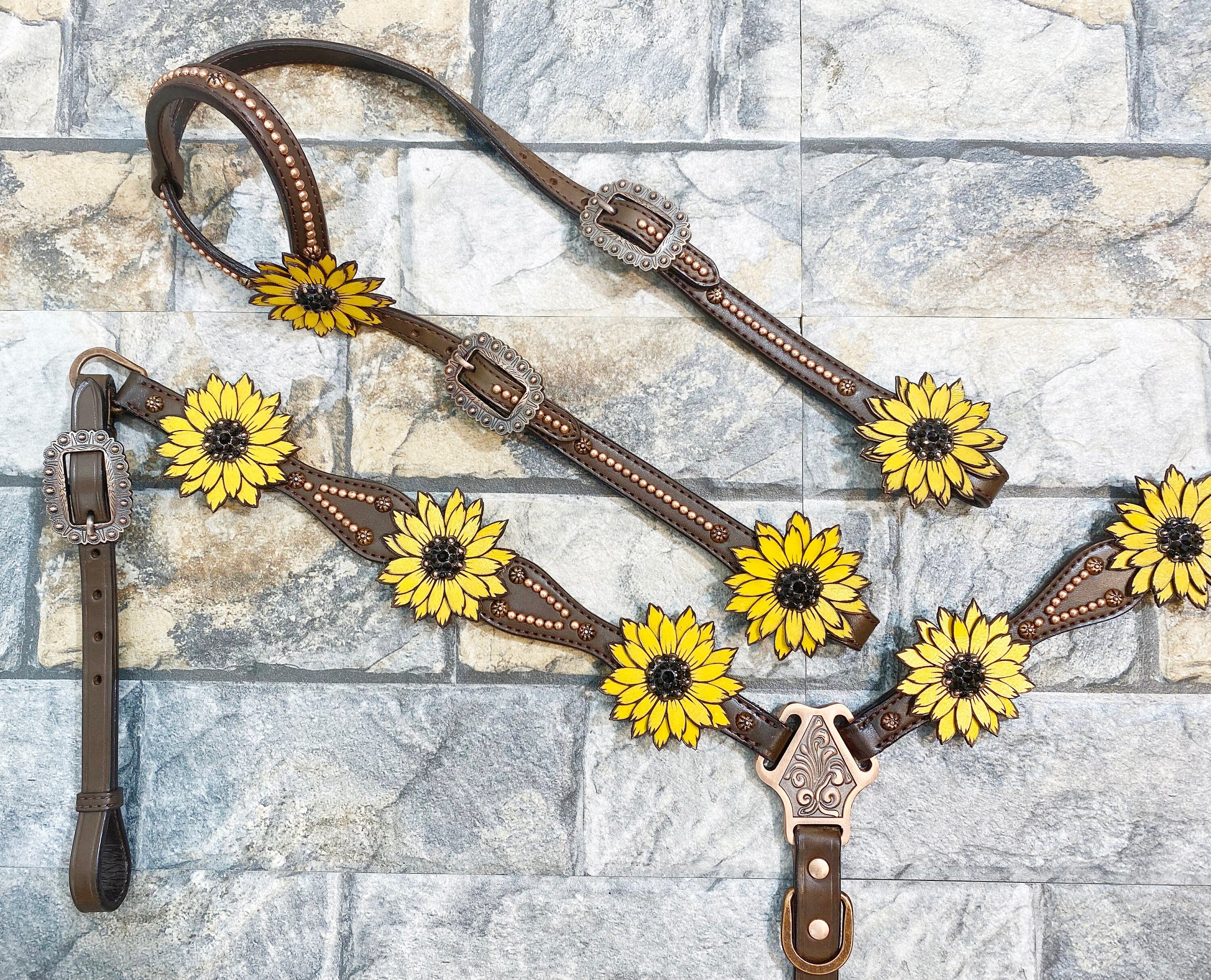 MOUSM Western Headstall & Breast Collar Set – Made with Argentina Cow Leather, Decorated with Copper Studs, Hand-Painted Laser Cut Sunflower & Black Rhinestone Conchos