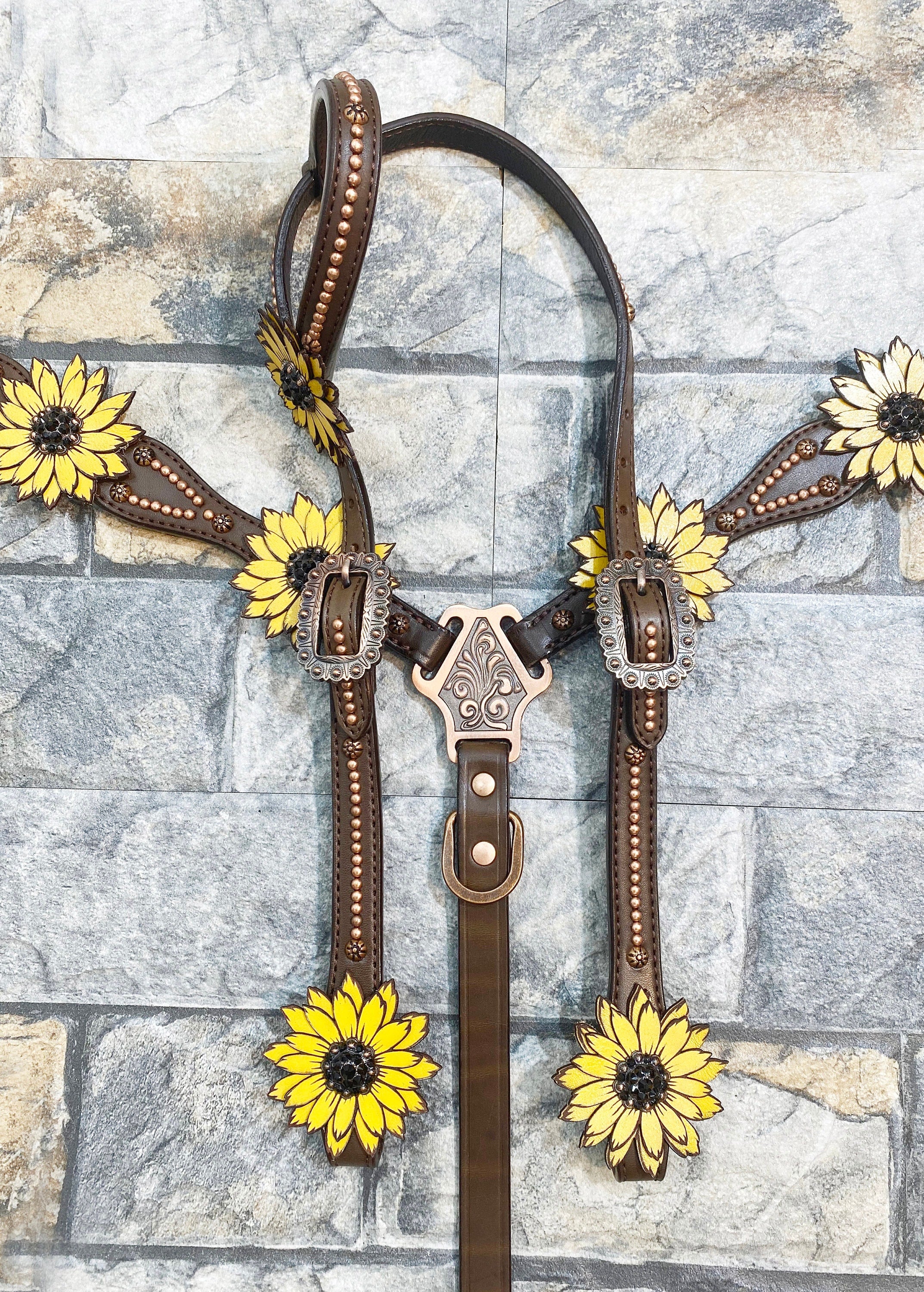 MOUSM Western Headstall & Breast Collar Set – Made with Argentina Cow Leather, Decorated with Copper Studs, Hand-Painted Laser Cut Sunflower & Black Rhinestone Conchos